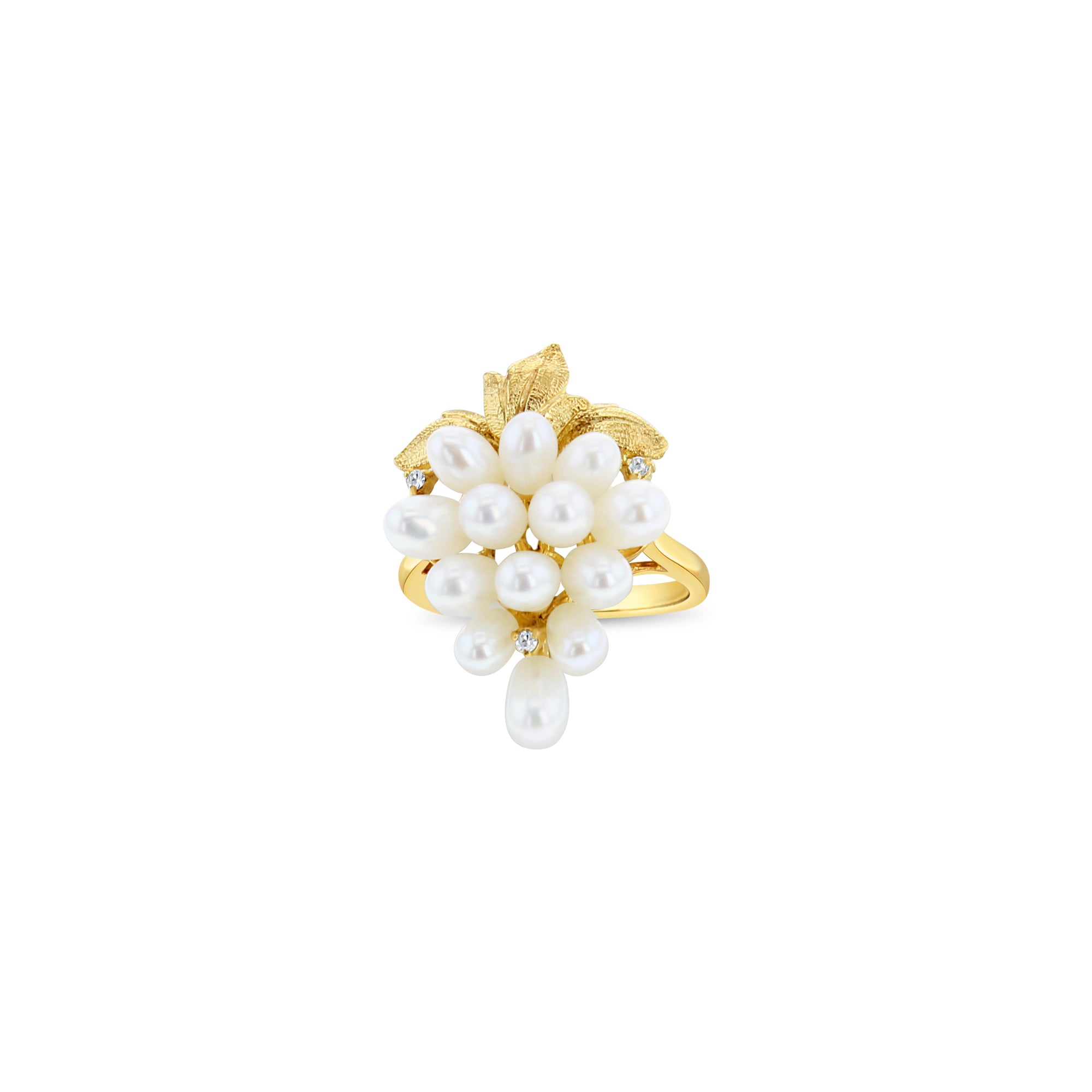 14K Yellow Gold Freshwater Pearl Grape Cluster Cocktail Ring with Small Diamonds - Elegant Jewelry for Evening Parties, Weddings & Special Occasions