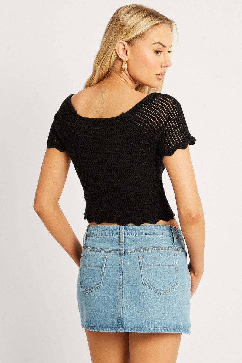 Black Crochet Knit Short Sleeve Button Down Top for Women - Summer Boho Chic Blouse for Beach, Party & Casual Wear