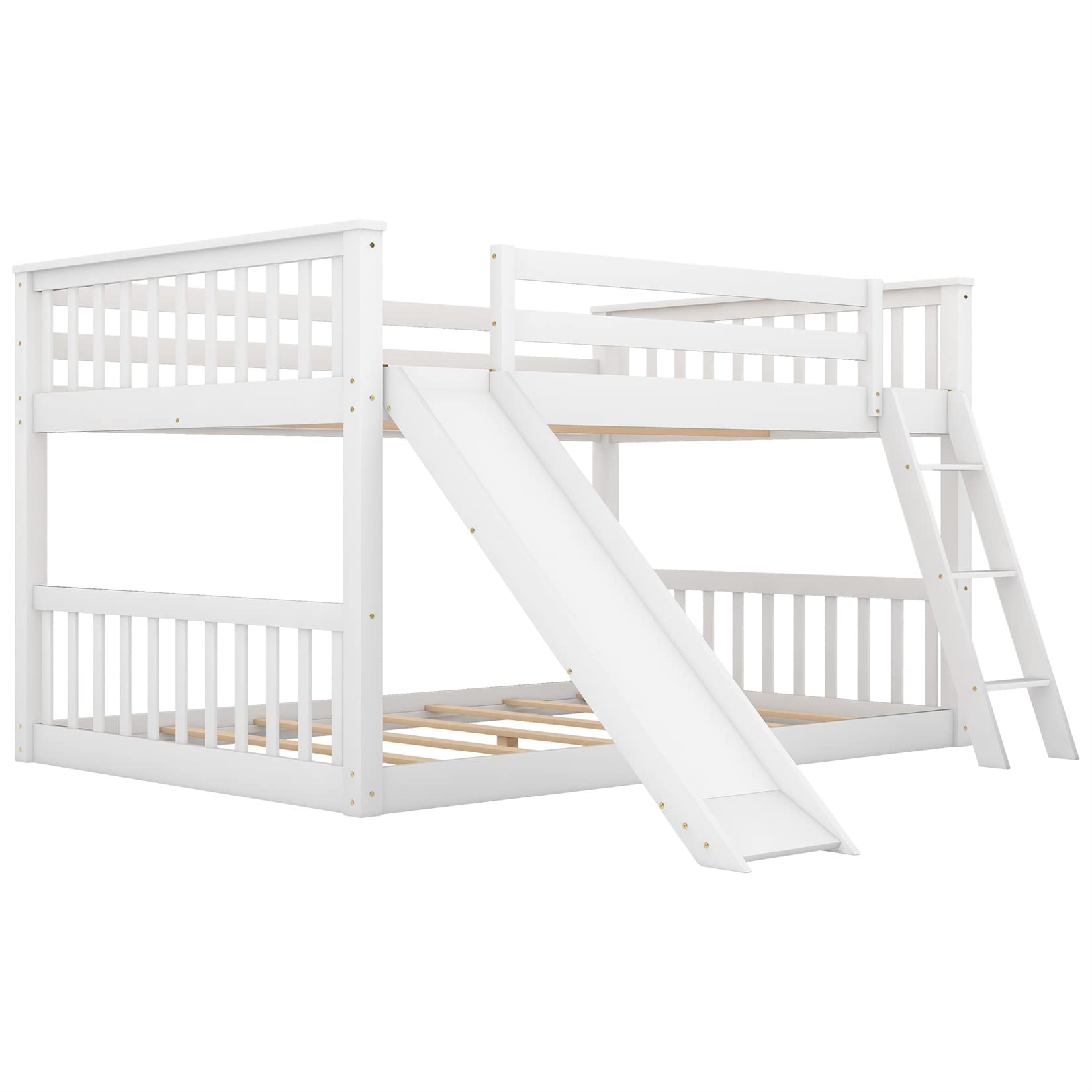 Full Over Full Low Bunk Beds with Slide for Kids - Sturdy Wood Bunk Bed Frame for Boys, Girls & Teens - Perfect for Bedroom, Dorm or Playroom - White