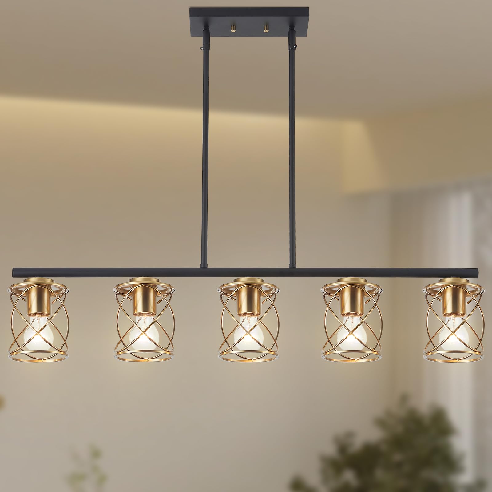 5-Light Farmhouse Linear Pendant Light - Adjustable Matte Black & Gold Kitchen Island Lighting Fixture for Dining Room, Living Room | Perfect for Modern Farmhouse, Industrial & Rustic Home Decor