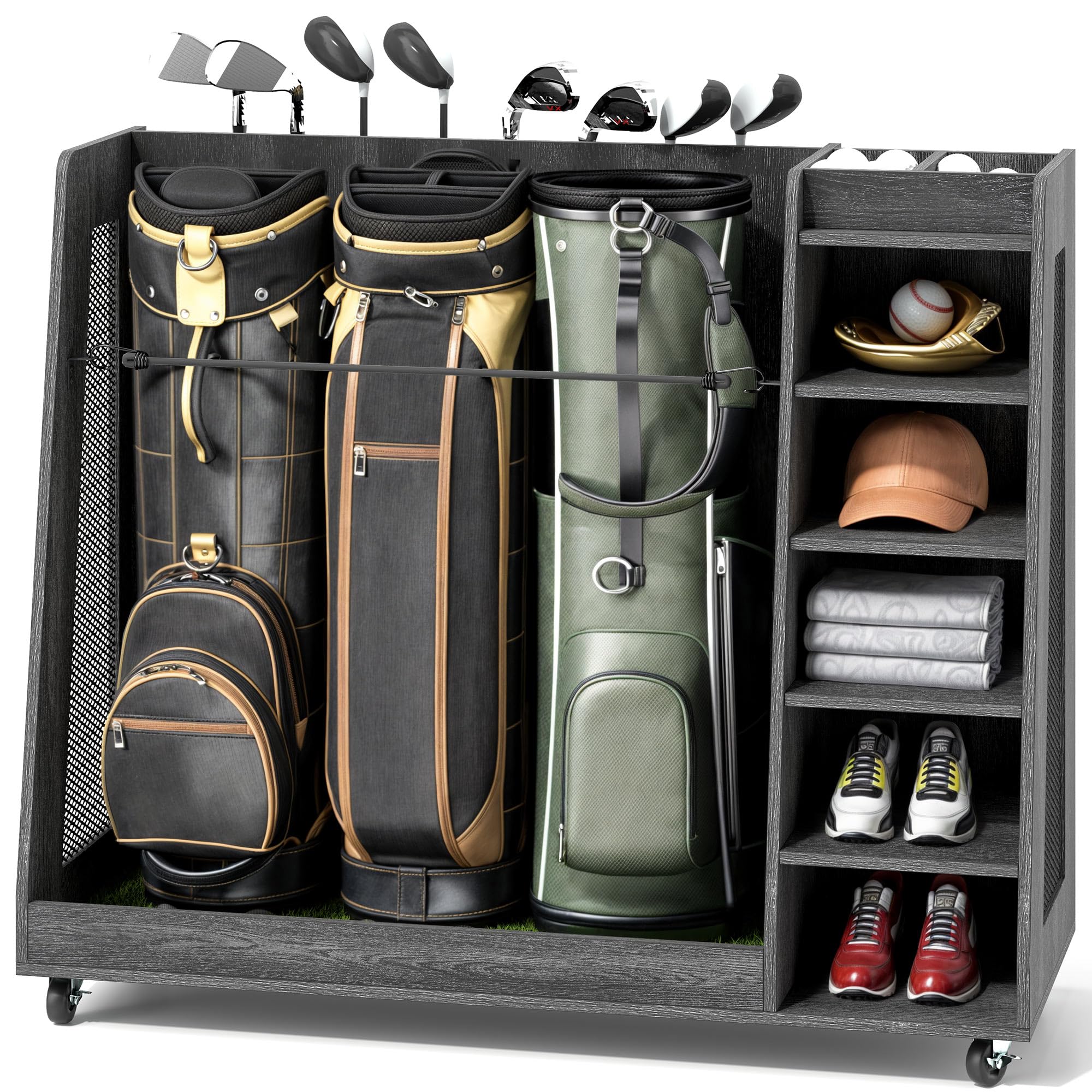 YITAHOME Wooden Golf Bag Organizer - Rolling Storage Stand for Golf Bags, Clubs, Balls & Accessories - Holds 2-3 Golf Bags - Perfect for Garage & Home Golf Equipment Organization - Ideal for Golf Enthusiasts & Club Storage Solutions