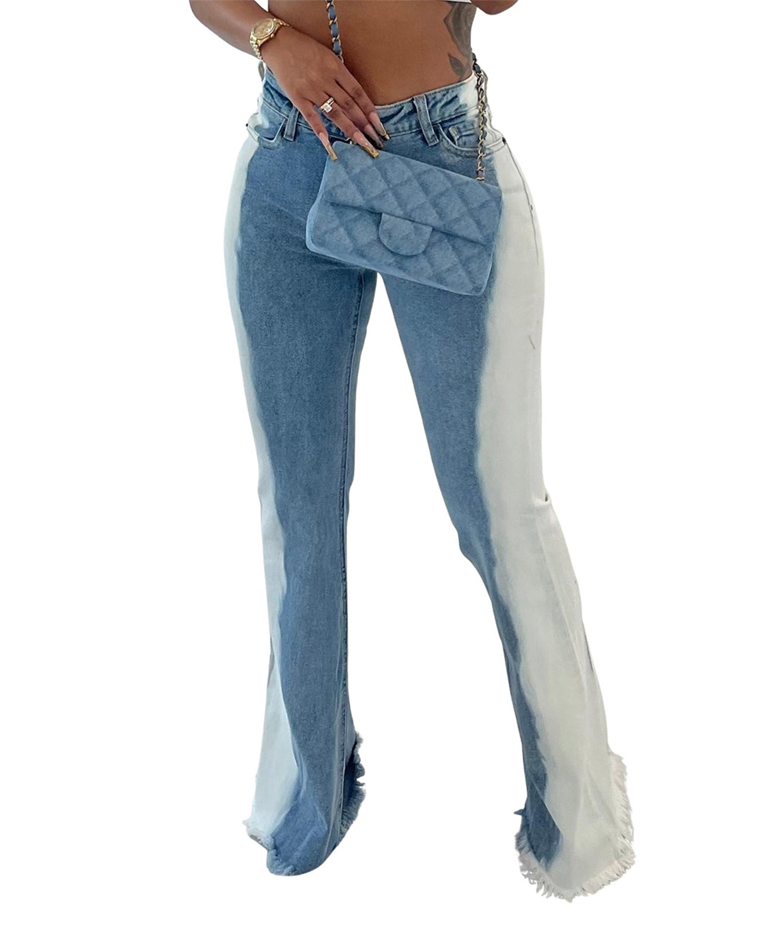 Sexyshine Women's High Waist Bell Bottom Jeans - Distressed Raw Hem Flare Pants with Tassel Detail & Gradient Color Block for Casual Outfits & Retro Fashion