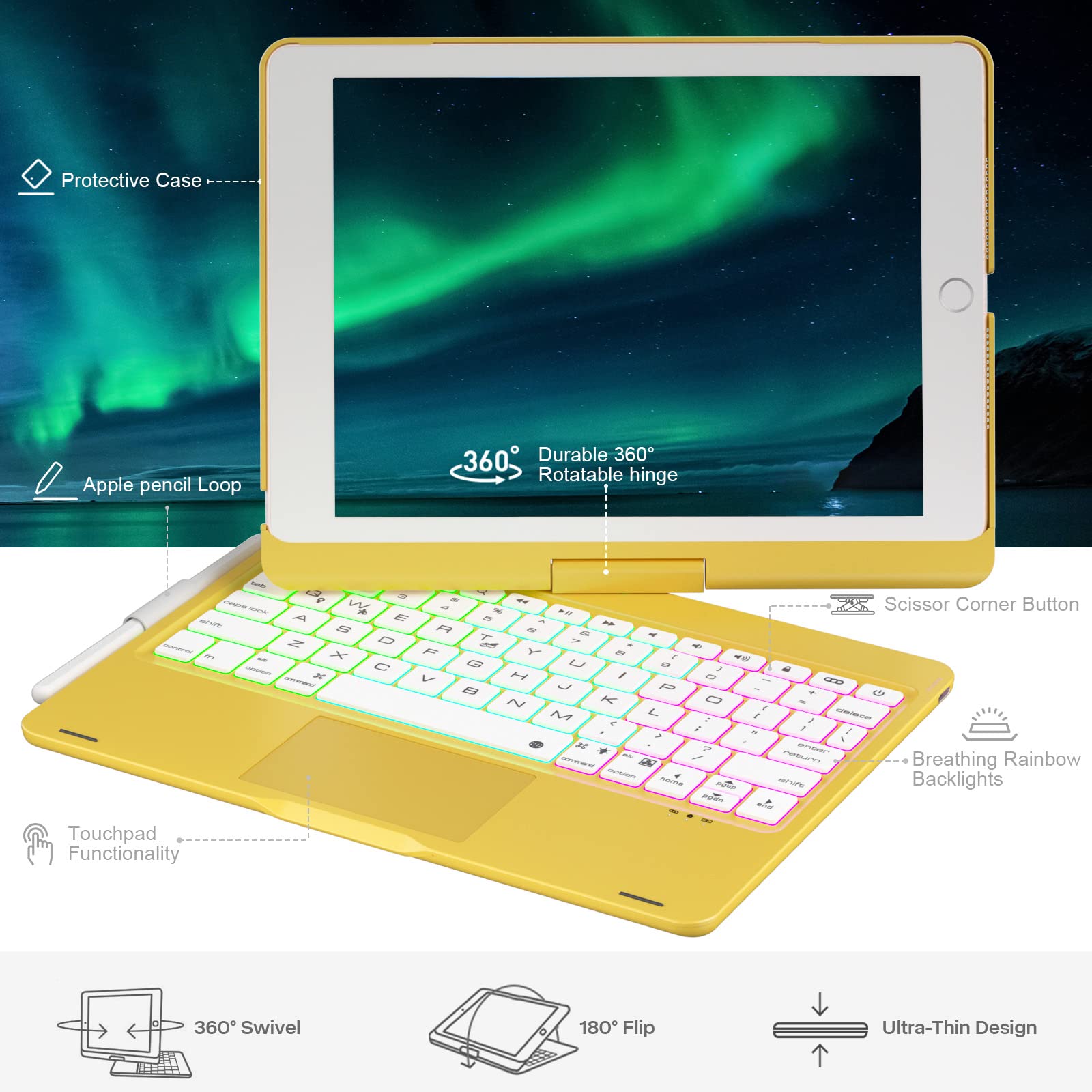 NOKBABO iPad 9th/8th/7th Gen Case with Bluetooth Keyboard - 360° Rotatable Stand, 7-Color Backlit Touchpad & Apple Pencil Holder | Compatible with iPad 10.2 inch & iPad Air 3rd Gen/iPad Pro 10.5 inch | Perfect for Work, Study & Travel (Yellow)