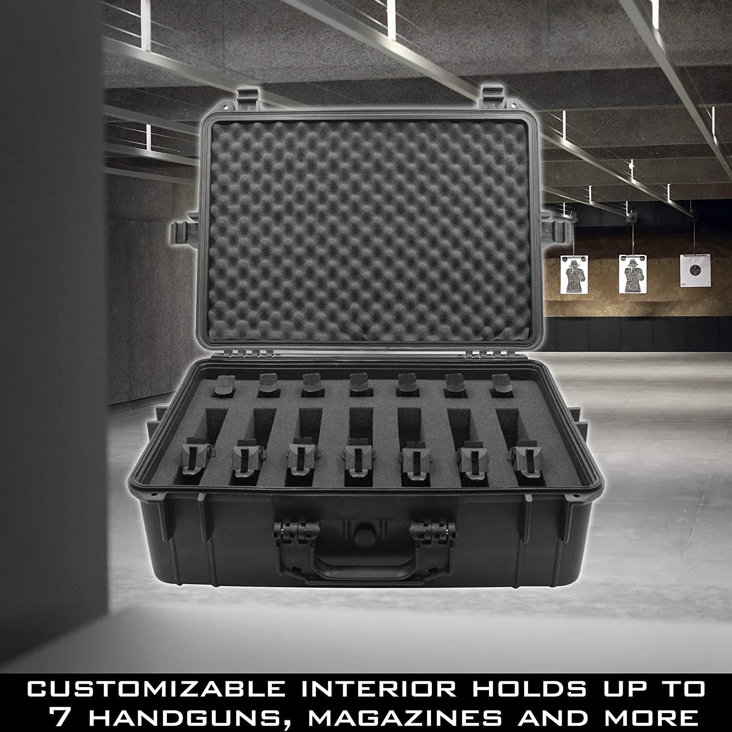 CASEMATIX 23 Customizable 7 Pistol Waterproof & Shockproof Hard Gun Case with Two Layers of Foam - Perfect for Pistols, Magazines Storage and Range Transport