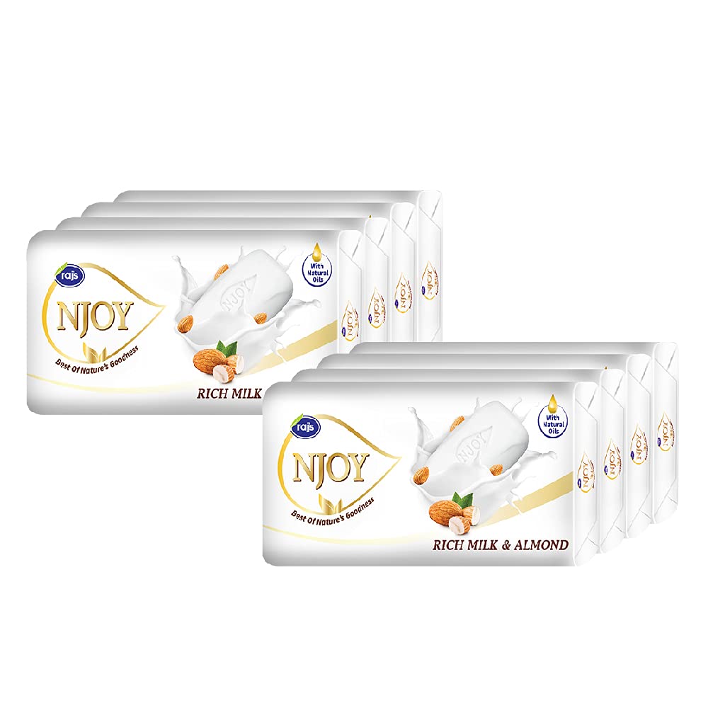 Raj Njoy Bathing Soap - Rich Milk & Almond Moisturizing Bar (125g, Pack of 8) | Gentle Cleansing for Dry & Sensitive Skin | Perfect for Daily Shower, Spa & Gift Sets