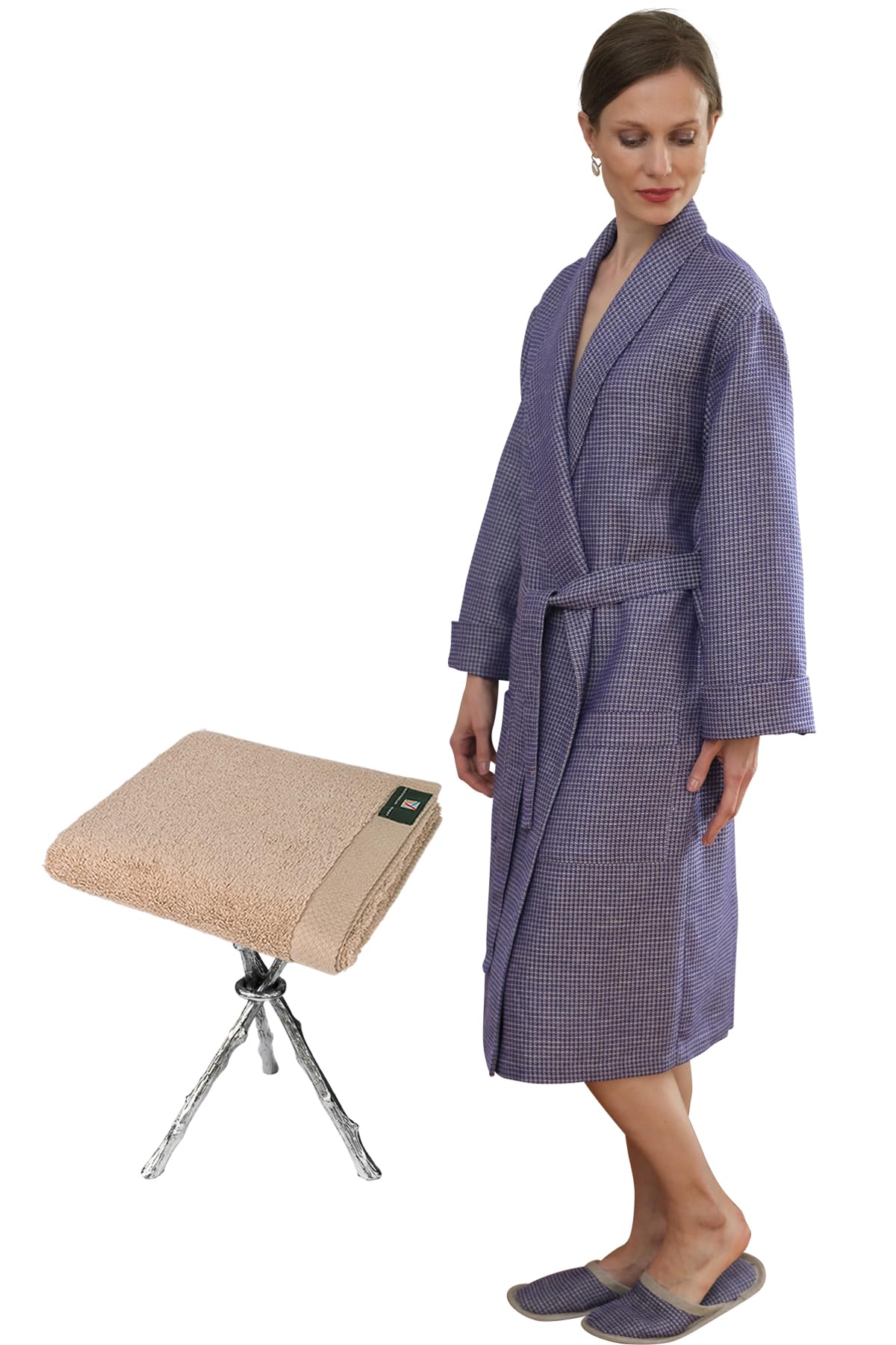 Premium Waffle Texture Bathrobe & Slippers Set with Lace Trim Hand Towel - European Crafted Luxury for Spa, Hotel & Home Relaxation