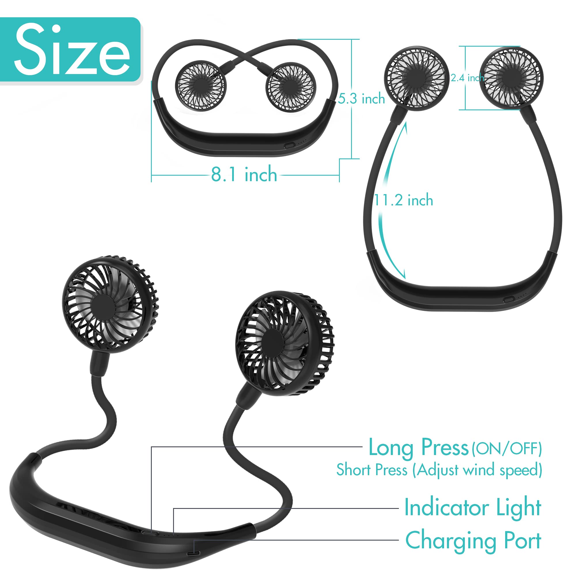 COMLIFE Portable Neck Fan - 2600mAh Rechargeable Battery, Ultra Quiet Hands-Free USB Personal Fan with 3 Speed Strong Wind, 360° Adjustable Flexible Wearable Cooling Fan for Office, Home, Outdoor, Travel & Gym - Black
