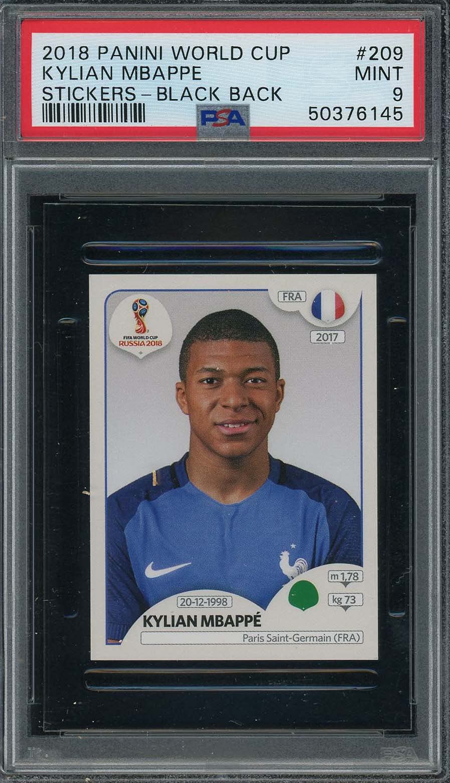Kylian Mbappe 2018 Panini World Cup Rookie Sticker Black Back Card #209 PSA 9 Mint - Rare Soccer Collectible for Fans & Investors | Perfect for Display, Trading & Memorabilia Collections
