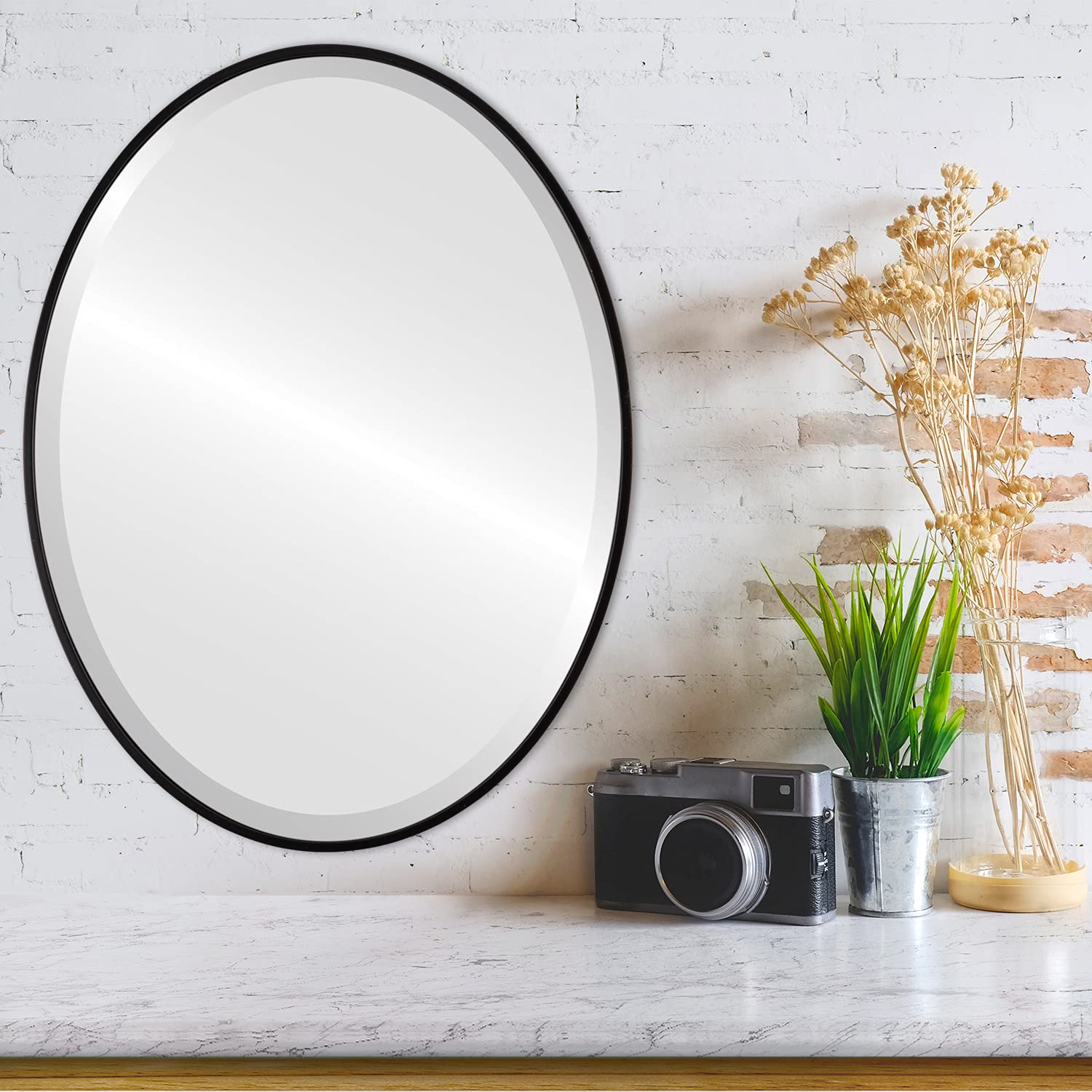 OVALCREST - 16.6x20.6 Inch Oval Wooden Beveled Wall Mirror - Matte Black Frame for Bathroom Vanity, Bedroom, Living Room & Hallway Decor - Singapore Style Home Accent - Perfect for Makeup, Dressing & Wall Decor