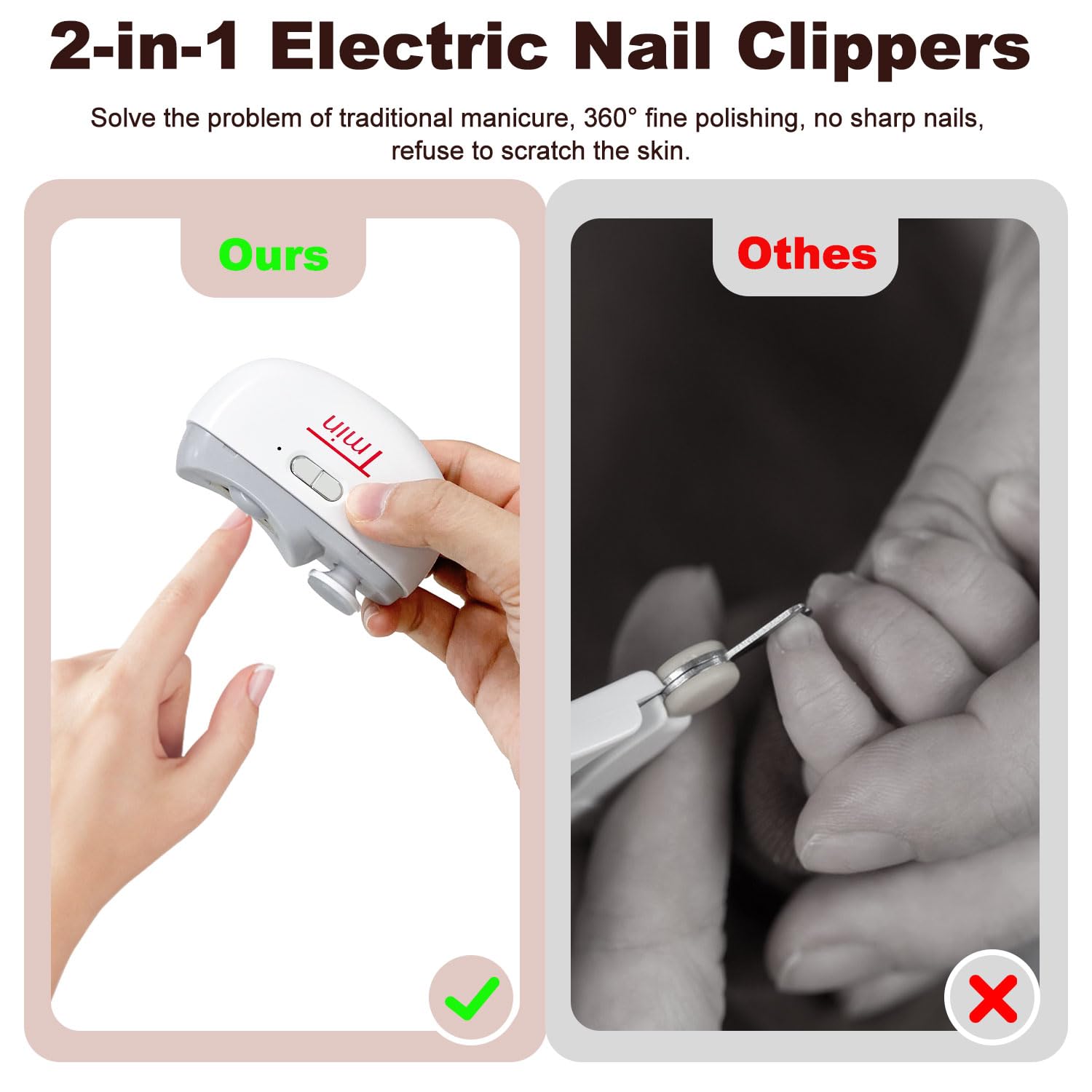 TMIN Electric Nail Clipper with LED Light & 2 Speed Settings - Rechargeable USB Nail Trimmer and Polisher 2-in-1 Design with Storage Case - Safe for Babies, Kids, Adults & Seniors (White) - Perfect for Home, Travel and Elderly Care