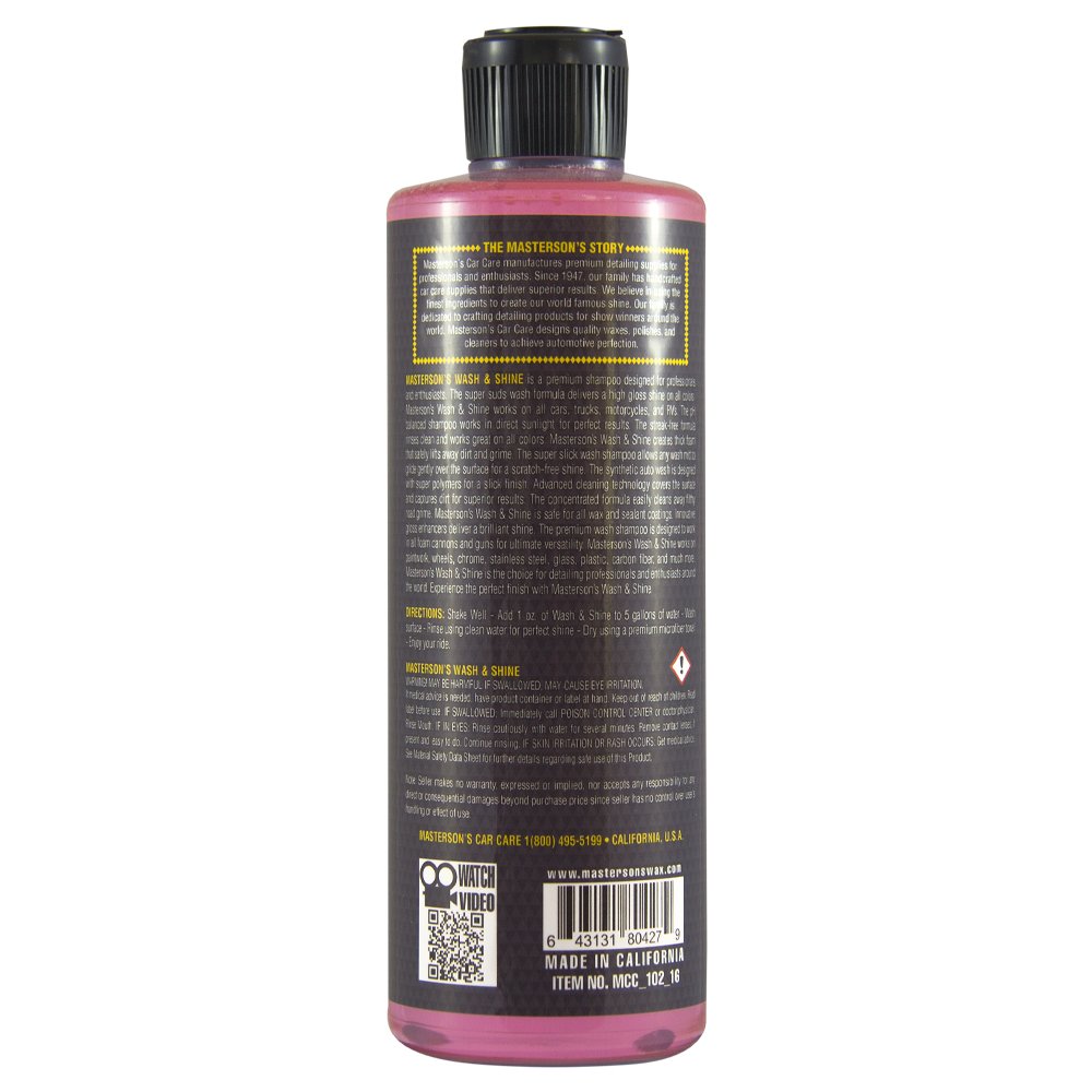 MASTERSON'S CAR CARE MCC_102_16 Premium Car Wash & Shine Shampoo - 16 oz Foam Cannon & Power Washer Compatible Auto Detergent - Safe for Bucket Washing & Foam Guns - Perfect for Car Detailing, RV & Motorcycle Cleaning
