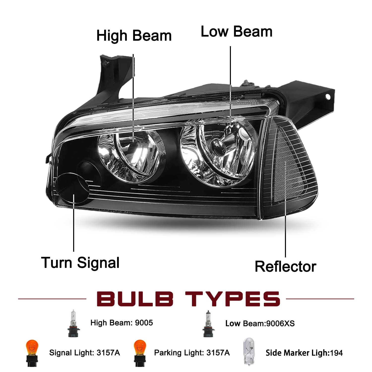 JSBOYAT 4Pcs Black Headlight Assembly with Clear Corner Lights - Compatible with 2006-2010 Dodge Charger | Perfect for Night Driving & Car Upgrades