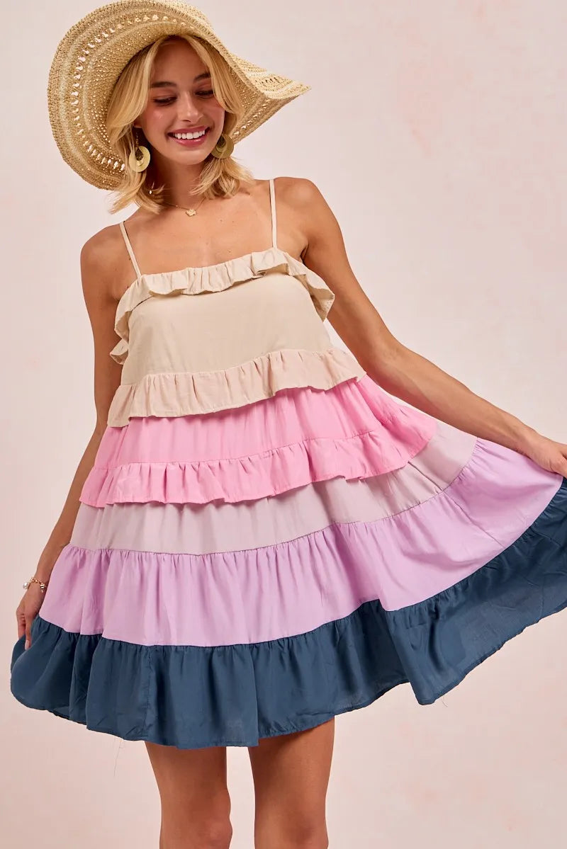 Stylish Color Block Tiered Dress for Women - Trendy Flowy Midi Dress for Casual Outings & Summer Parties