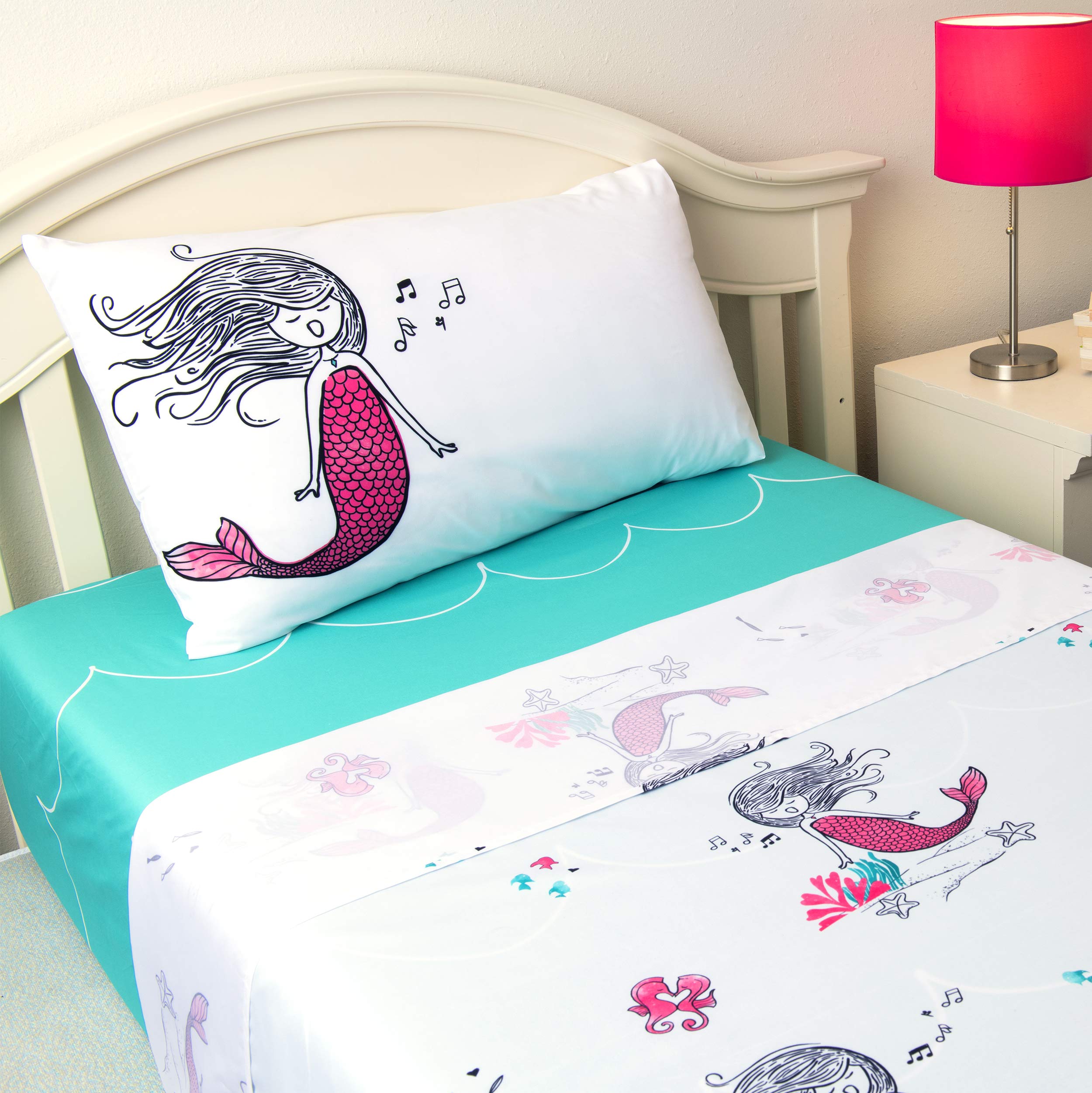 JumpOff Jo Twin Sheet Set - 3 Piece Kids Bedding with Fitted Sheet, Flat Sheet & Pillow Case - Hypoallergenic Microfiber for Comfortable Sleep - Moonlight Mermaid Design - Perfect for Kids' Rooms, Sleepovers & Nursery Decor