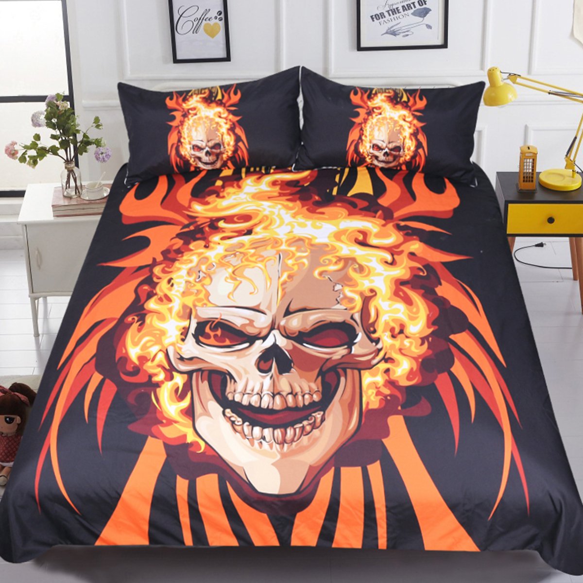 Sleepwsih 3-Piece Skull & Orange Fire Pattern Duvet Cover Set - Gothic Horror Bedding for Kids & Teens - Twin Size Yellow Flame Design - Perfect for Halloween, Themed Bedrooms & Spooky Decor