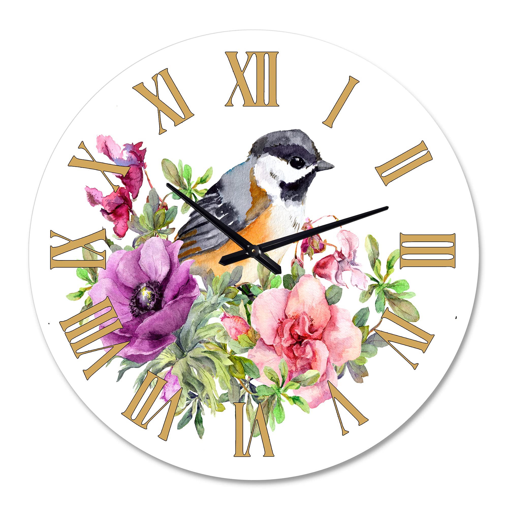 DesignQ Traditional Wall Clock - Cute Bird in Pink & Purple Flowers, Large Animal-Themed Wall Clock for Living Room, Bedroom & Office Decor | Perfect for Home, Office & Gift Giving