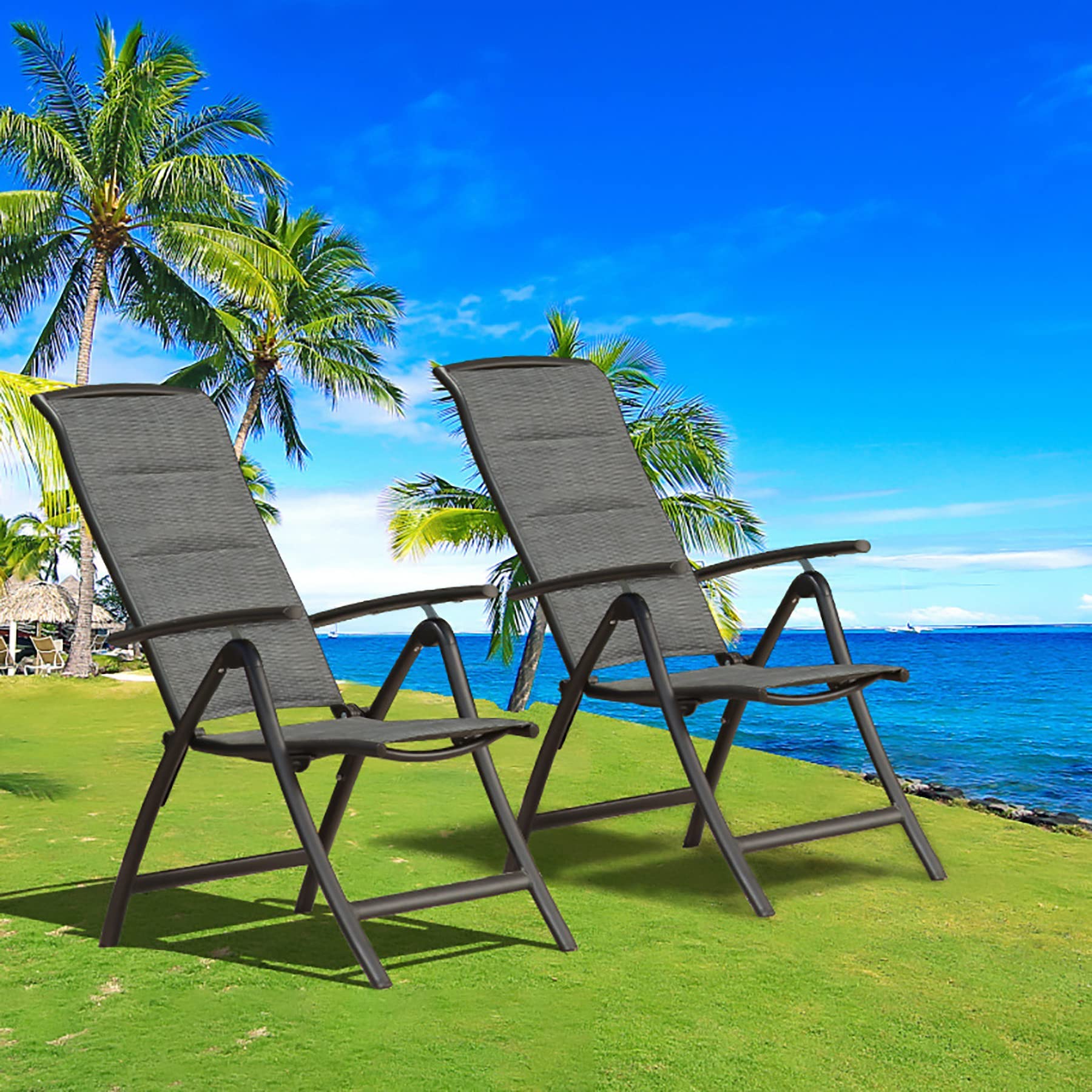 Domi Patio Outdoor Sling Chairs Set of 2 - Adjustable Reclining Folding Camping Chairs with Padded Seat & High Backrest - Perfect for Backyard, Poolside, Beach, and Patio Relaxation