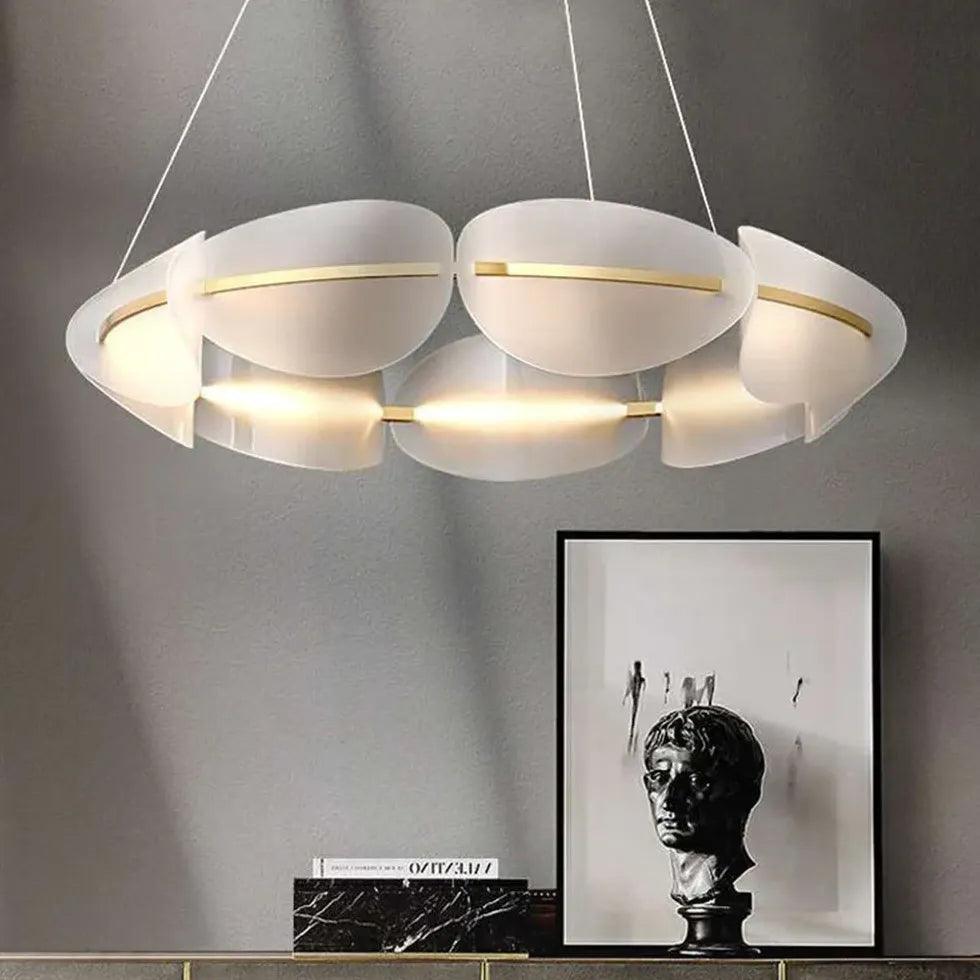 Modern White LED Pendant Light with Segmented Circular Frame - Perfect for Dining Room, Kitchen Island, and Living Room Lighting