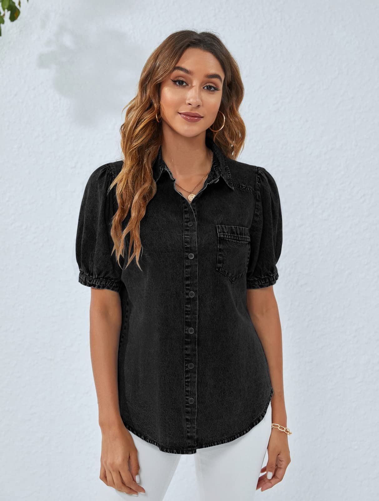 BMJL Women's Denim Shirt - Business Casual Button Down Blouse with Puff Sleeves for Summer | Office Wear, Weekend Outfits & Casual Work Tops