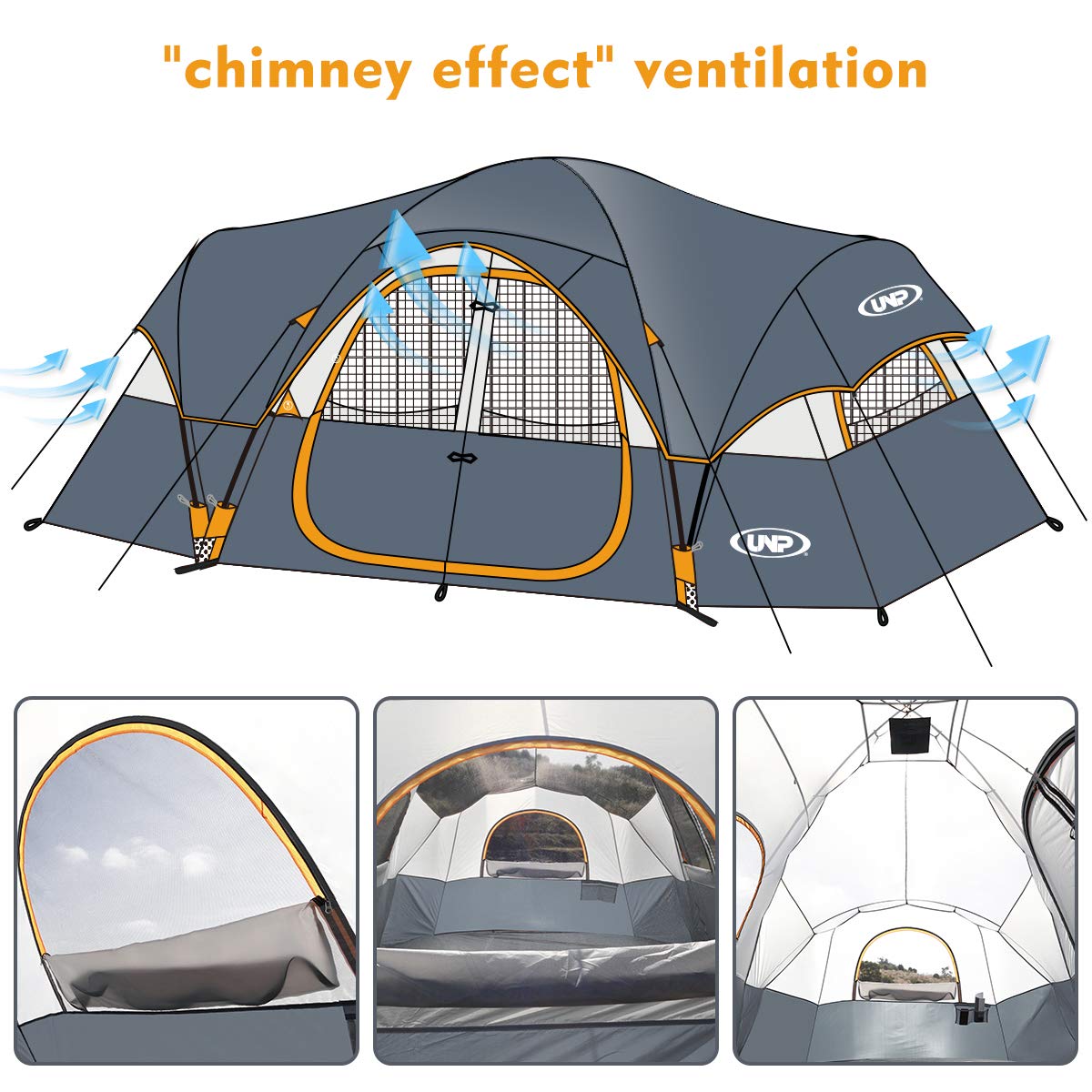 UNP 10-Person Family Camping Tent - Large Easy Setup 2-Room Tent with 5 Mesh Windows, Waterproof & Weather Resistant (18ft x 9ft x 78in) - Perfect for Family Camping, Outdoor Adventures, Music Festivals, and Backyard Parties