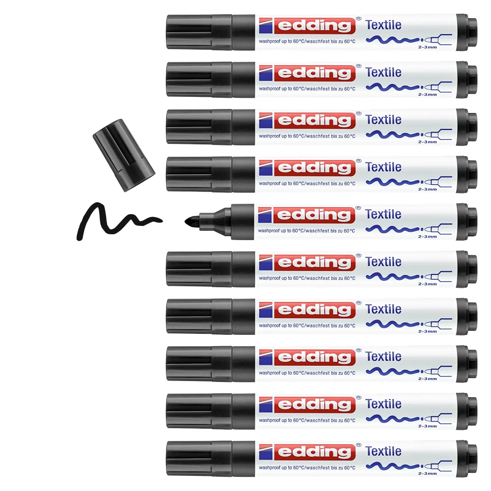 edding 4500 Permanent Fabric Markers - Black (10-Pack) - 2-3mm Round Tip Textile Marker Pens for Fabric Lettering & Drawing - Wash-Resistant Up to 60°C - Ideal for DIY Crafts, Clothing Labels & Textile Art Projects