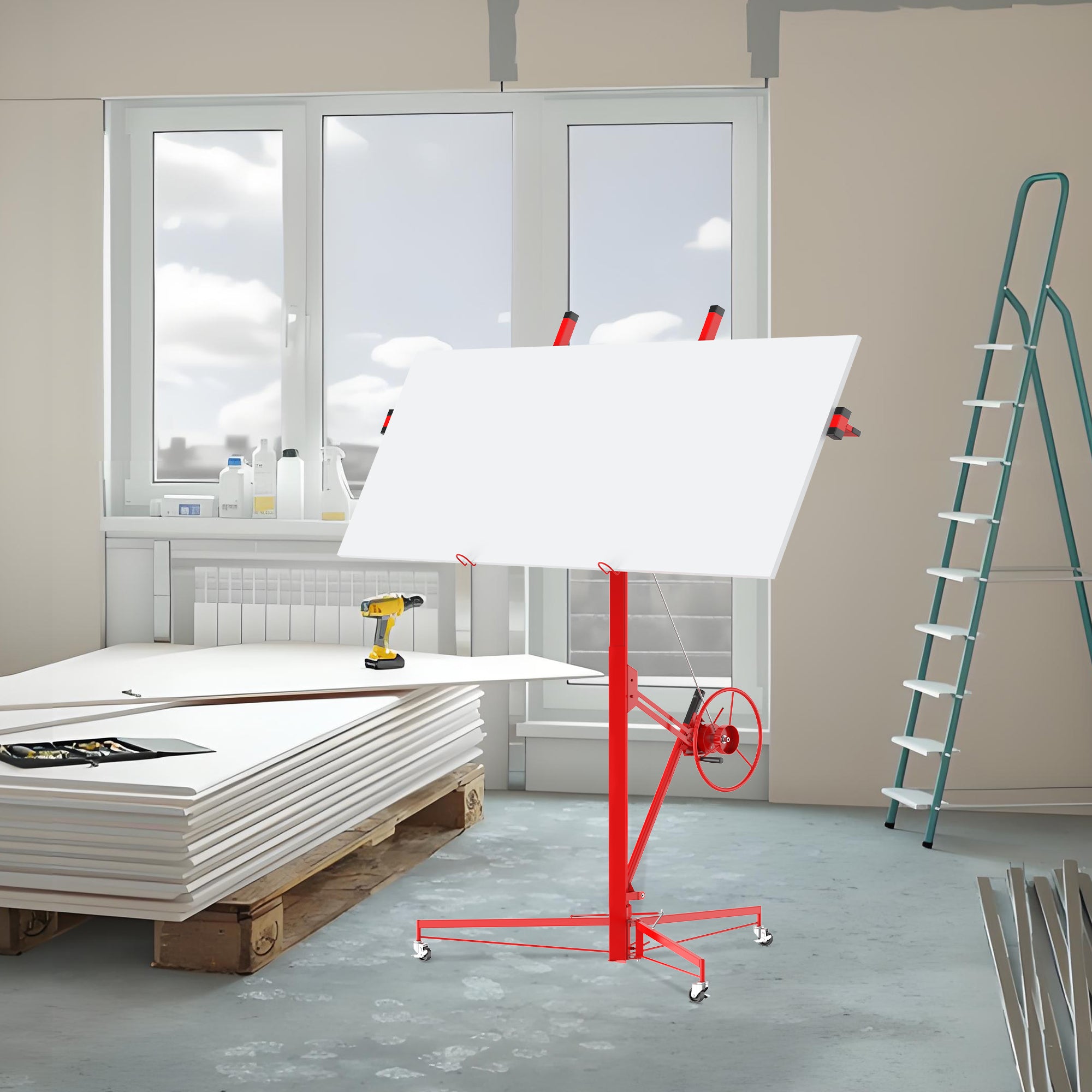 GARVEE 16ft Drywall Lift 150 lbs Capacity - 360° Adjustable Telescopic Arm with Locking Wheels for Sheetrock Panel Hoisting | Perfect for Ceiling Installation & DIY Home Renovation Projects