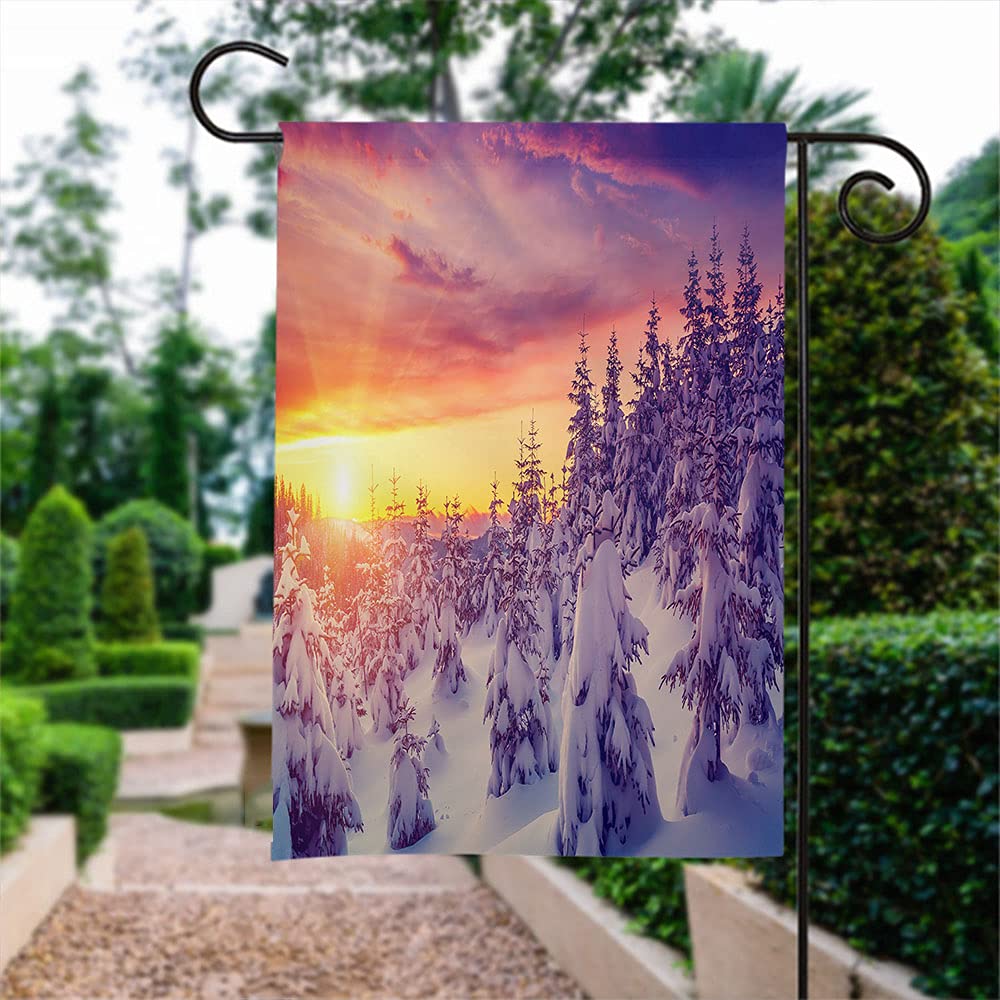 Wondertify Double Sided Garden Flag - 12x18 Inch Evening Landscape with Glowing Sunlight & Wintry Scene - Perfect for Outdoor Porch Decor, Yard Decoration, and Seasonal Home Display