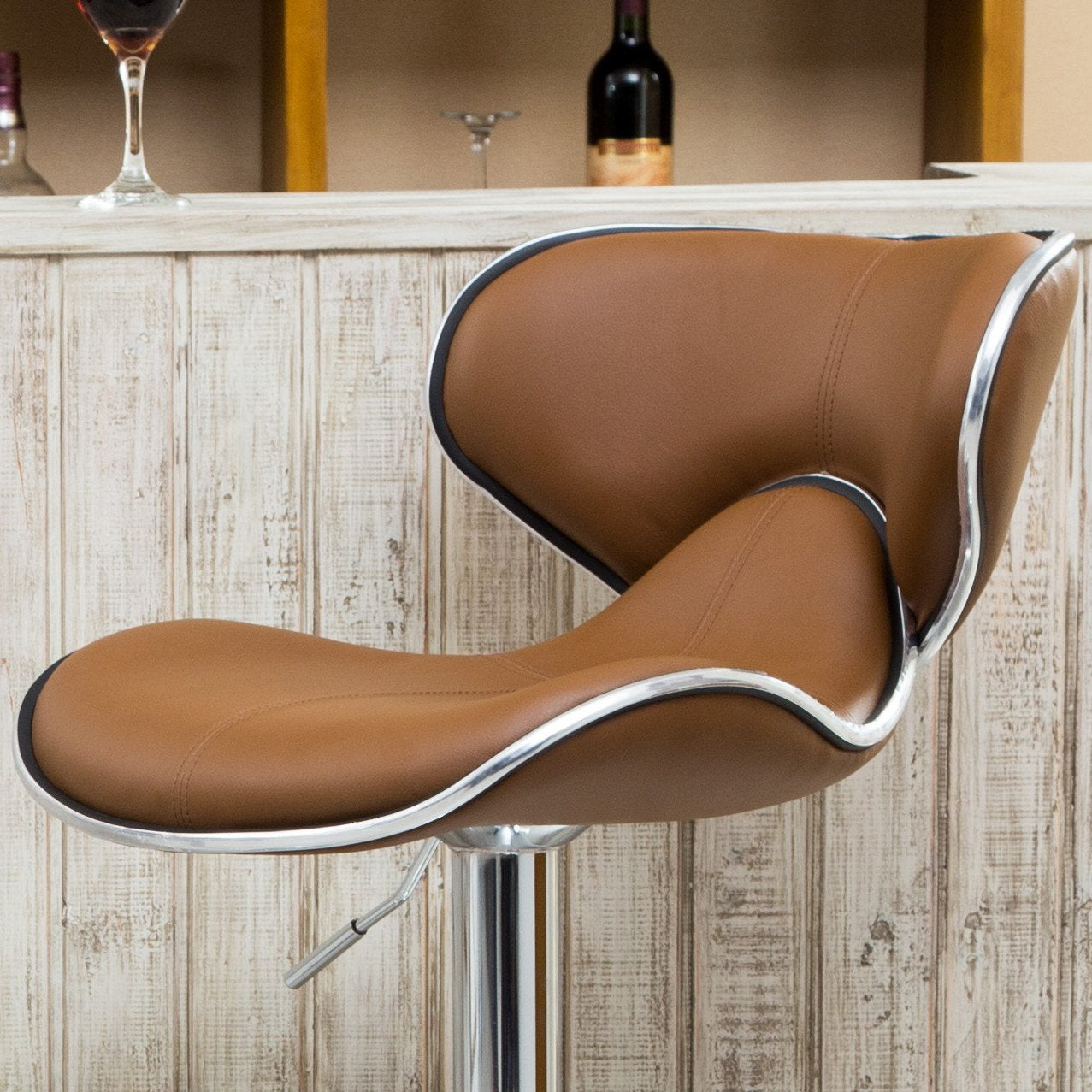 Roundhill Furniture Masaccio Adjustable Swivel Bar Stool - 2-Piece Set with Cushioned Leatherette Upholstery & Chrome Base in Caramel | Perfect for Kitchen Islands, Home Bars & Breakfast Nooks