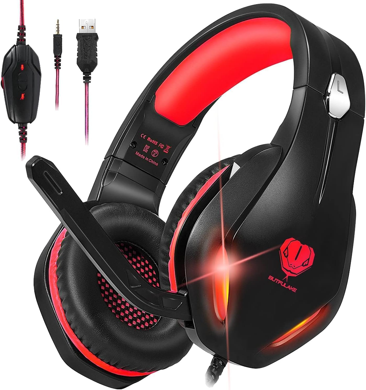 Butflake Gaming Headset with Noise Canceling Mic - Wired Over-Ear Headphones with LED Lights, Crystal Clear Sound for PC, PS4, PS5, Xbox One, Laptop - Lightweight Comfortable Design in Red - Perfect for Gaming, Streaming & Online Meetings