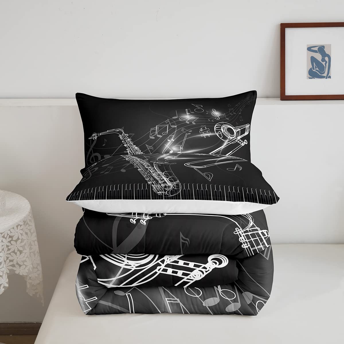 Jazz Music Instrument Comforter Set - Saxophone, Trombone & Piano Keys Design, Full Size Bedding for Kids & Teens | Boys & Girls Musical Theme Duvet Cover | Perfect for Music Lovers' Bedroom Decor & Gift