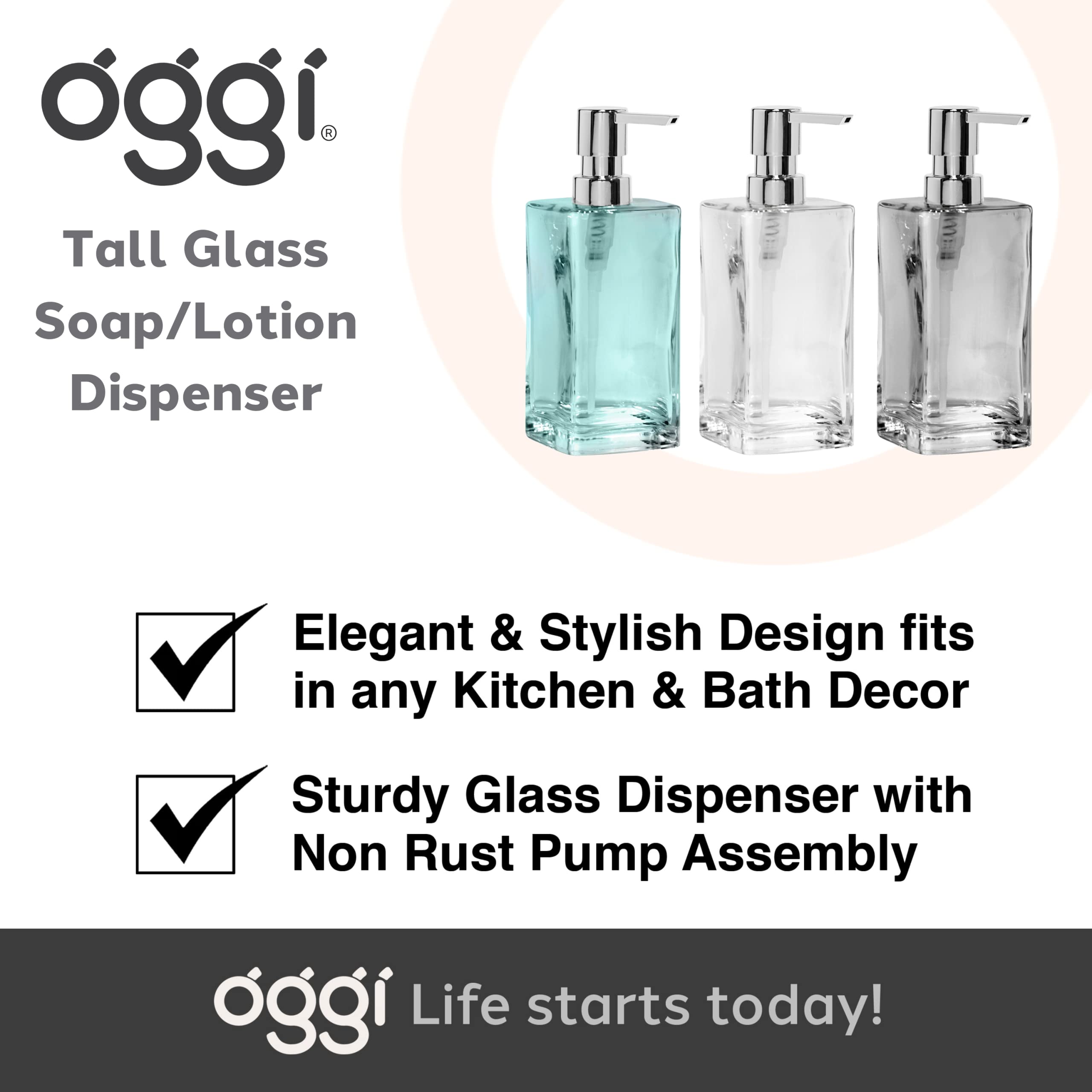 Oggi 5713.6 Glass Soap Dispenser - 13 oz Aqua Blue - Elegant Bathroom & Kitchen Soap Dispenser for Hand Wash, Dish Soap or Lotion - Perfect for Home, Office or Restaurant Use