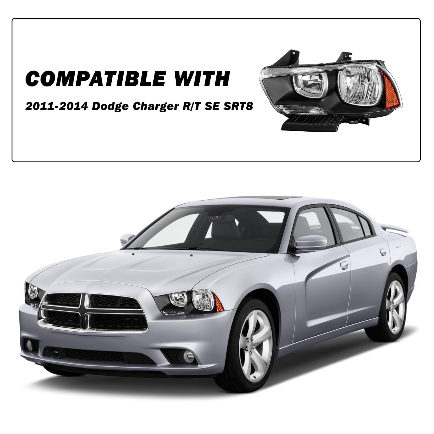 Dodge Charger Headlight Assembly Set - Compatible with 2011-2014 Models, Halogen Replacement Headlamp with Black Housing & Amber Reflector (Includes High/Low Beam Bulbs) - Perfect for Night Driving & Auto Upgrades