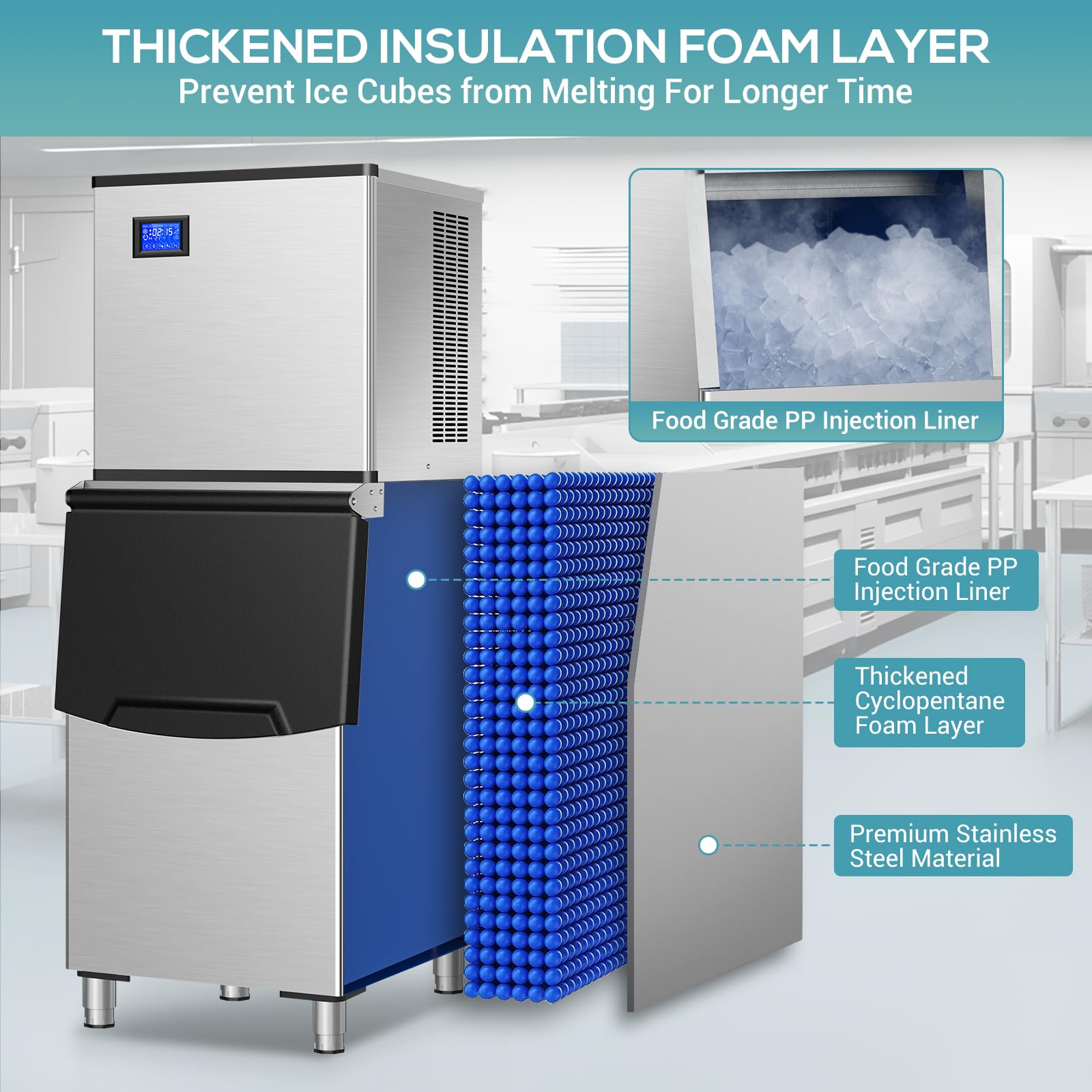 Commercial Ice Maker Machine 550Lbs/24H, Stainless Steel Industrial Ice Machine with 350Lbs Storage Bin - Makes 156 Clear Ice Cubes in 11 Minutes - Freestanding Ice Maker for Restaurants, Bars, Cafes, Hotels & Large Family Gatherings - Perfect for Cocktails, Beverages & Food Preservation