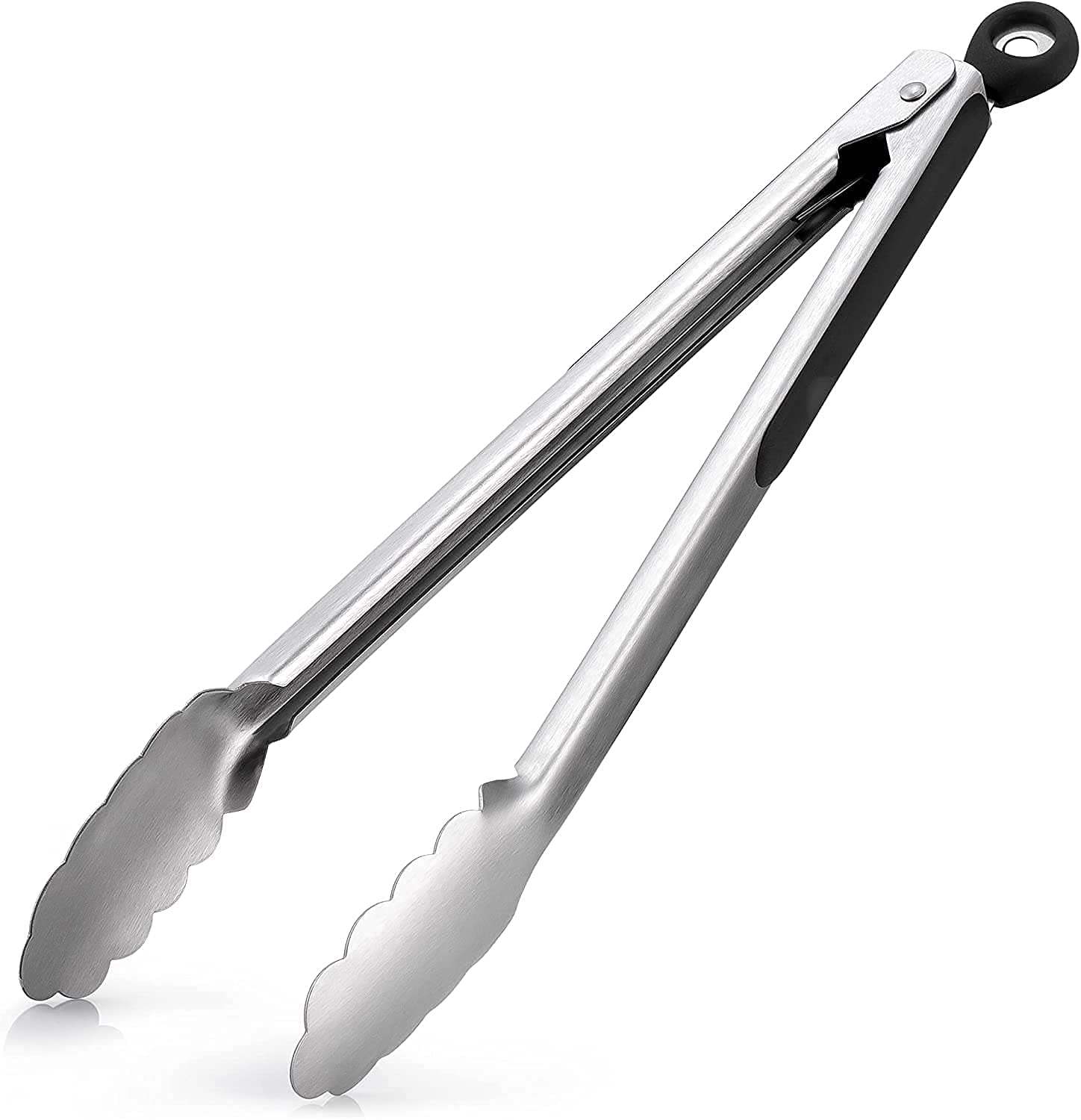 10 Inch Stainless Steel Kitchen Tongs with Scallop Head Edge - Heavy Duty BBQ Grill Tongs with Lock & Easy Grip - Perfect for Cooking, Grilling, Serving Salads & Outdoor Barbecues
