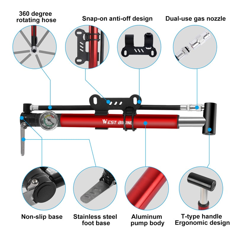 High Pressure Alloy Bicycle Pump - 130PSI Bike Tire Inflator with Hose & Gauge for Presta & Schrader Valves - Hand/Foot/Floor Pump for Road & Mountain Bikes - Perfect for Cycling, Commuting & Outdoor Adventures