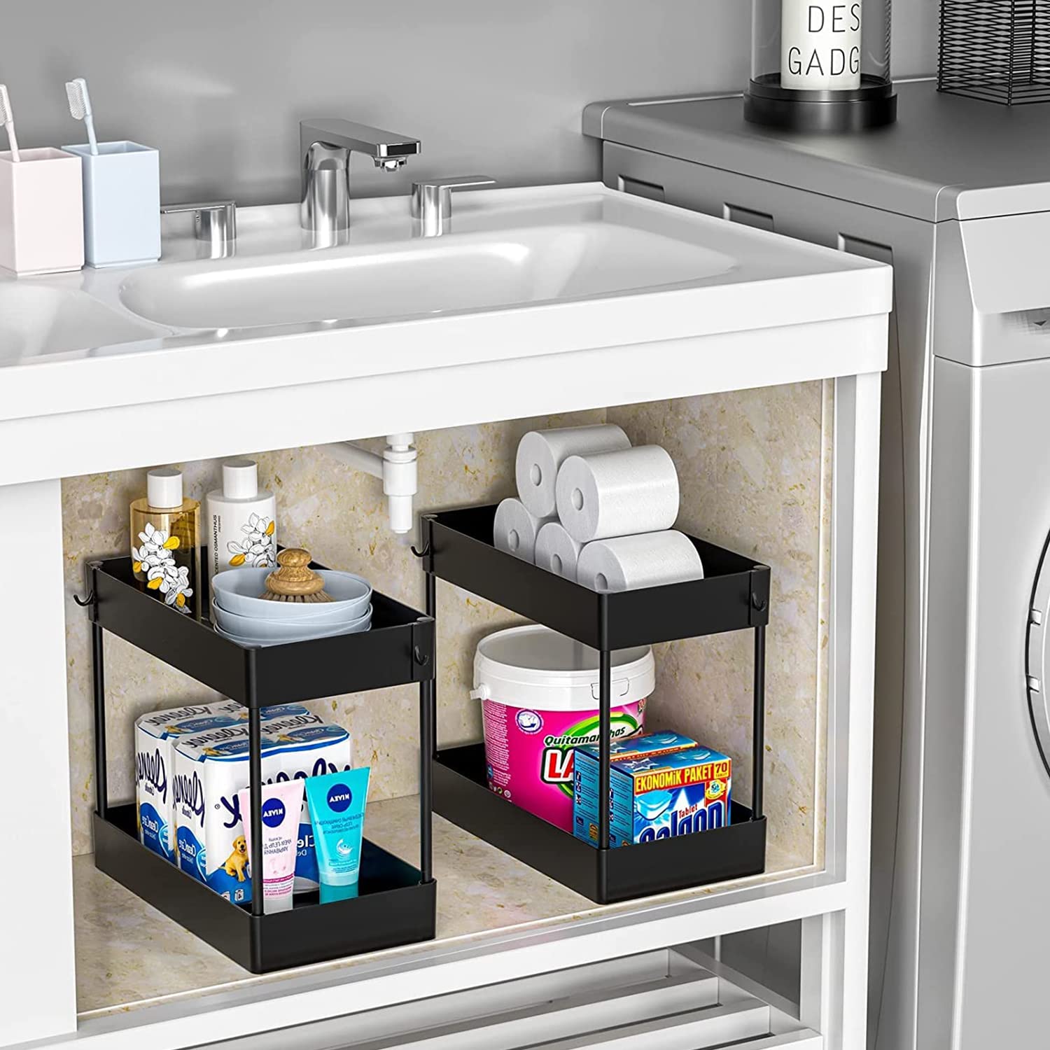 2 Pack Under Sink Organizer - 2 Tier Bathroom & Kitchen Storage Shelf with Multi-Purpose Baskets for Countertop Cabinet (Black) | Perfect for Bathroom Vanity, Kitchen Sink & Closet Organization