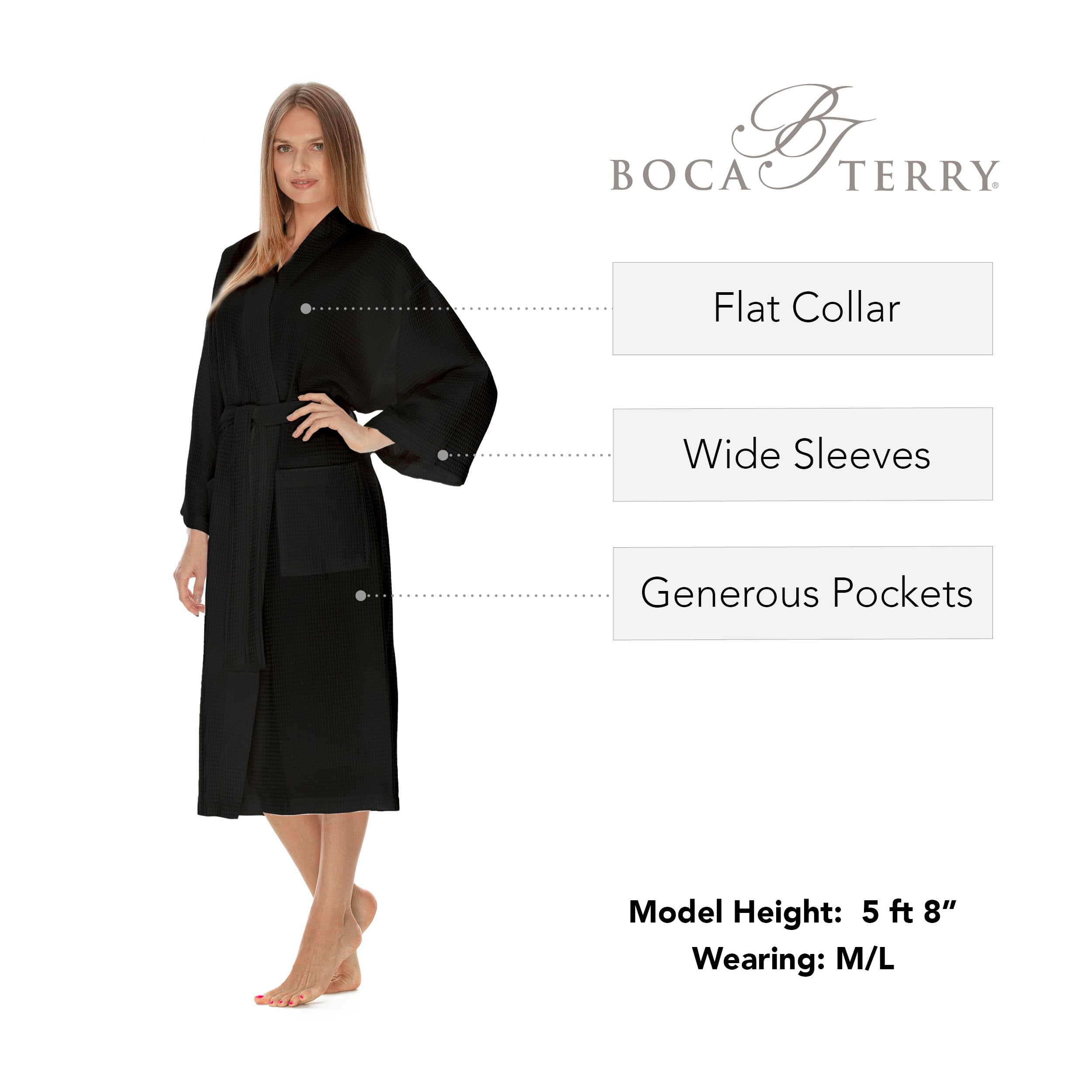 BOCA TERRY Women's Waffle Knit Robe - Long Cotton Kimono Bathrobe for Spa, Hotel & Home Relaxation