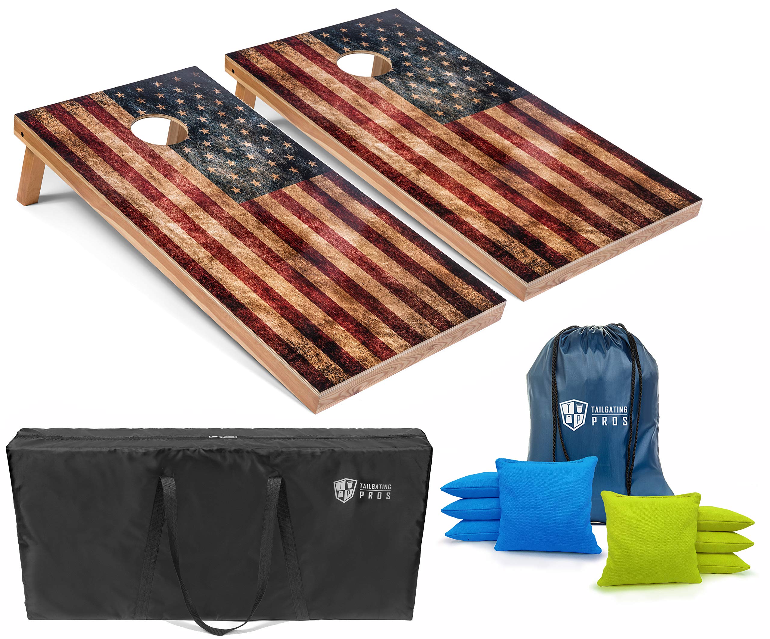 Premium Rustic American Flag Cornhole Boards Set with LED Ring & Carrying Case - 4'x2' Distressed Wooden Cornhole Game with 8 Bean Bags - Perfect for Backyard BBQs, Tailgate Parties, and Outdoor Family Gatherings