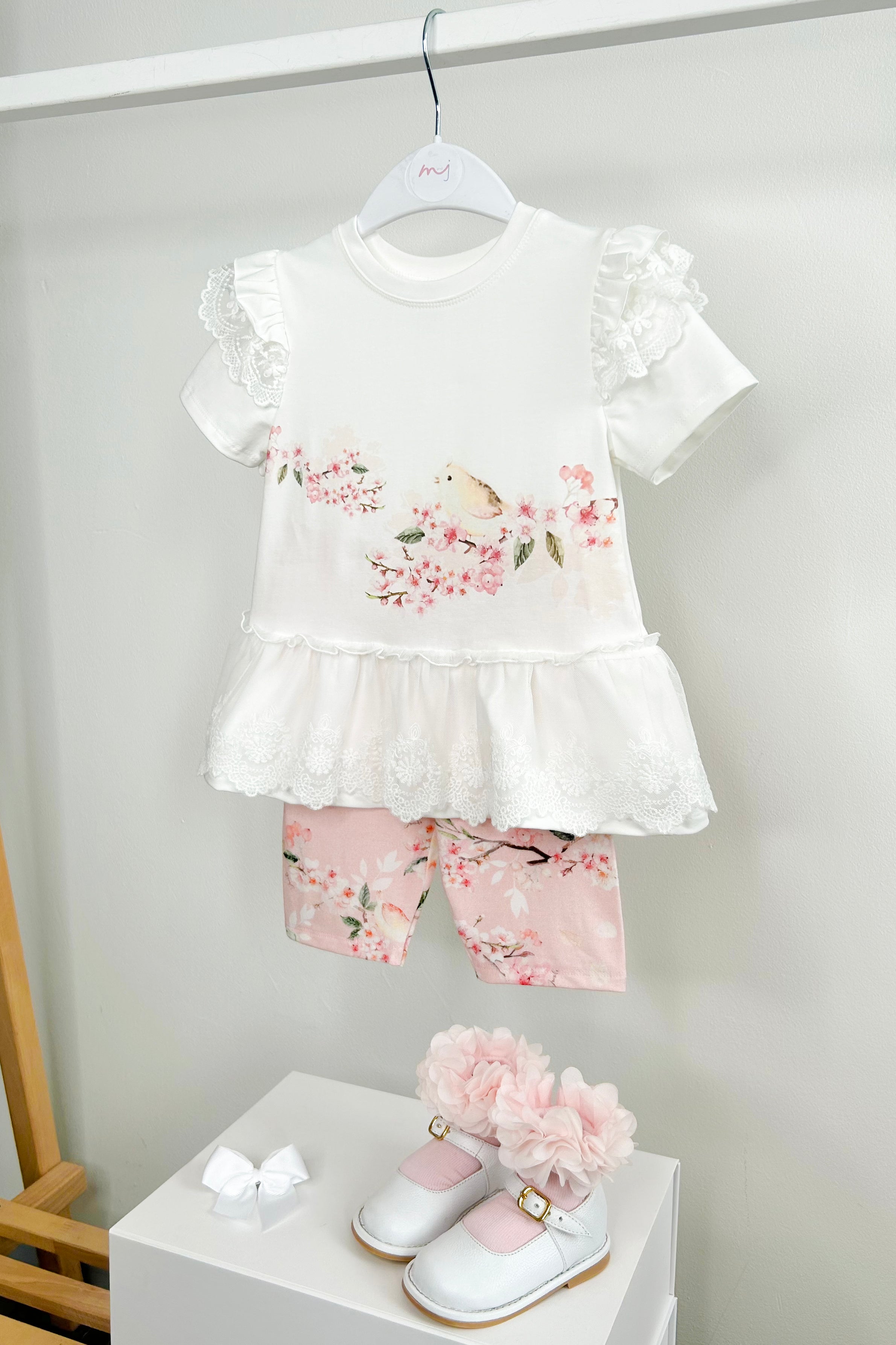 Soraya Ivory & Pale Pink Floral Lace Women's Top & Biker Shorts Set - Elegant Lace Outfit for Date Night, Summer Parties & Casual Wear