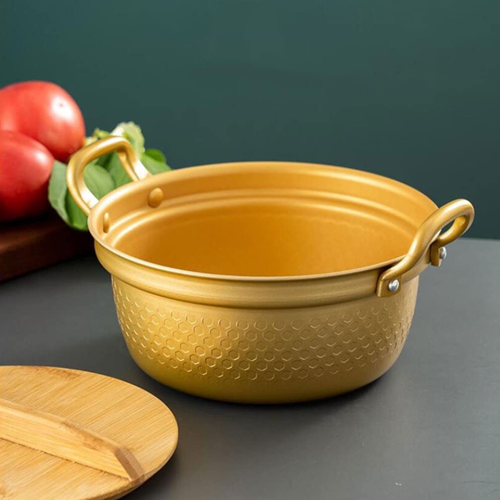 Hemoton 1-Piece Bamboo Lid Soup Pot - Korean Style Milk Pan, Instant Noodle Pot & Ramyun Bowl with Glass Mugs - Aluminum Sauce Pan with Lid for Kitchen Use - Perfect for Cooking Soup, Stew, Milk Heating & Serving Asian Dishes