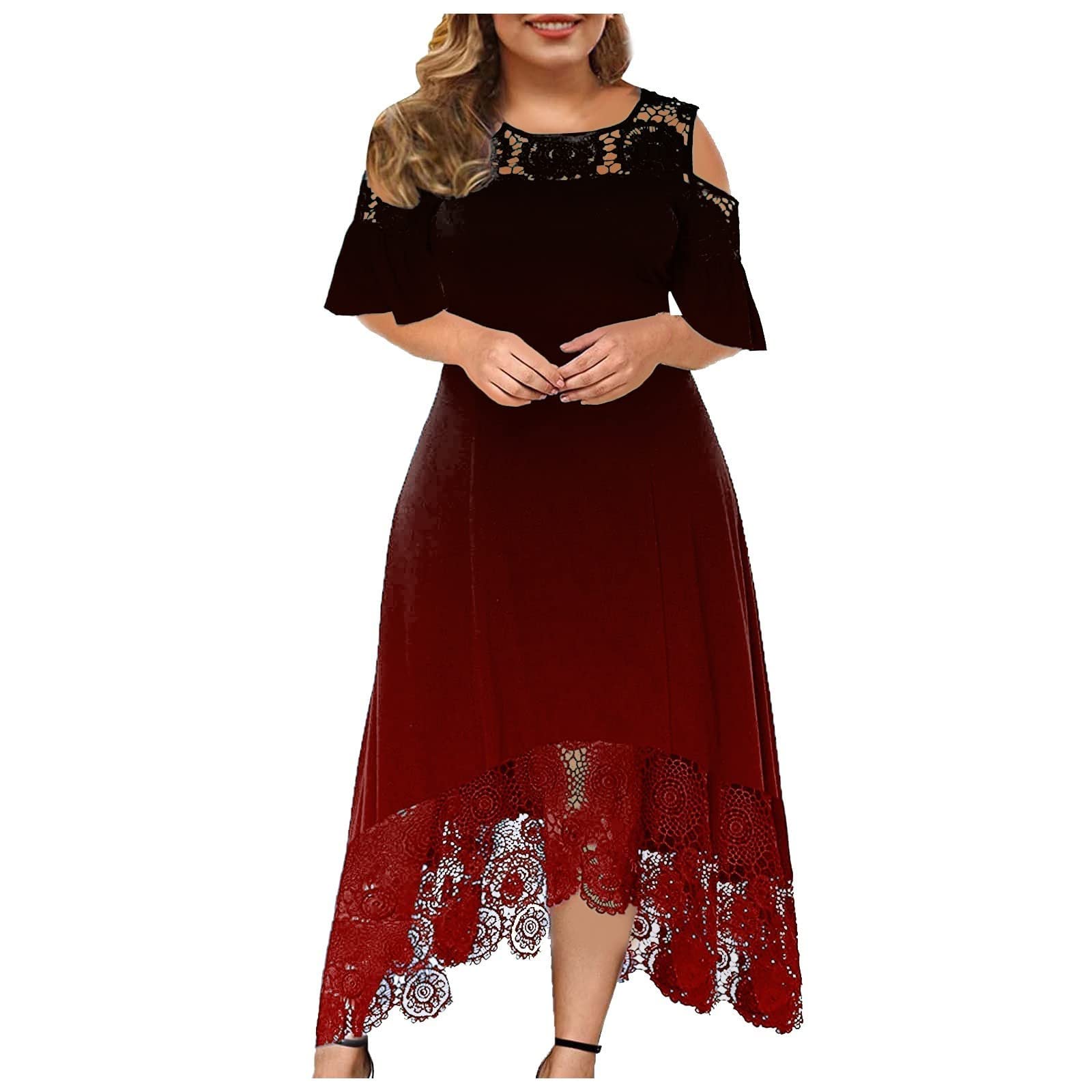 Plus Size Wedding Guest Dresses for Women - Elegant Gradient Lace Round Neck Short Sleeve Dress with Unique Hemline | Perfect for Bridal Showers, Summer Weddings & Cocktail Parties