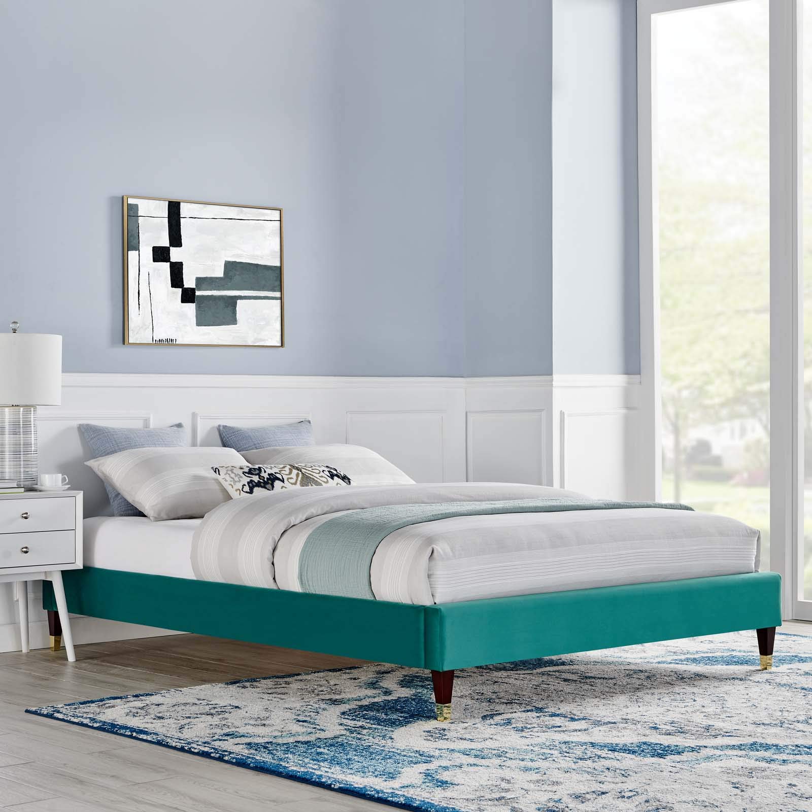 Modway Harlow Full Performance Velvet Platform Bed Frame - Queen Size Teal Velvet Upholstered Bed with Wooden Slat Support | Modern Bedroom Furniture for Master & Guest Rooms