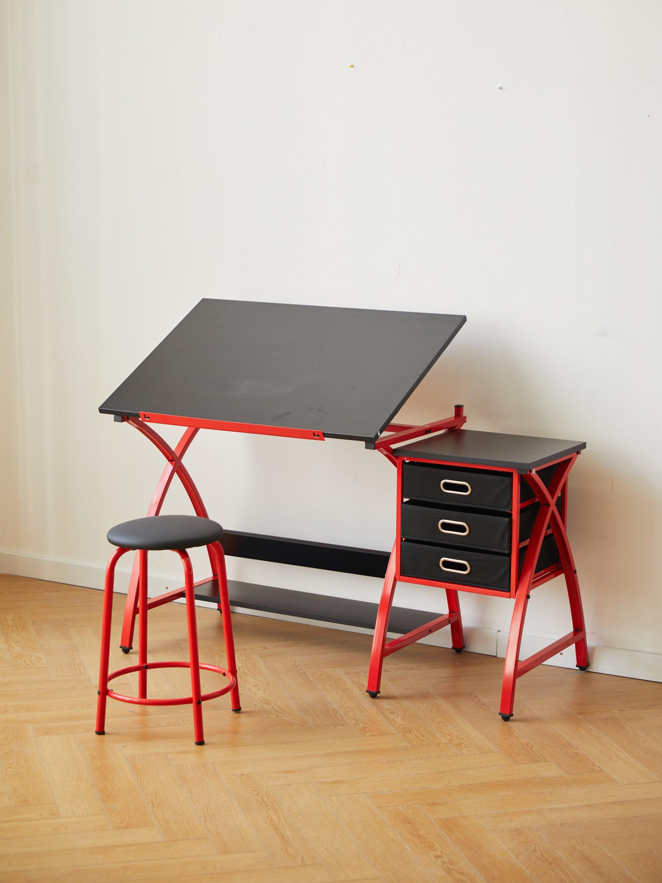Adjustable Red Drafting Table with Stool - Perfect for Artists, Architects & Students - Home Office & Studio Drawing Desk