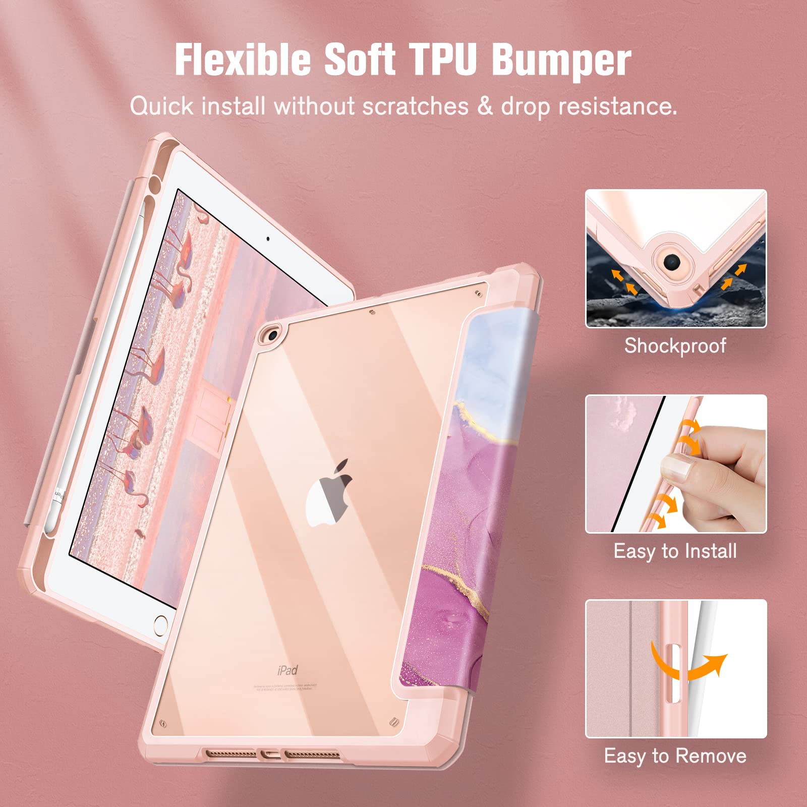 Fintie Hybrid Slim Case for iPad 6th/5th Generation (2018/2017) & iPad Air 2/Air 1 (9.7 Inch) - Shockproof Protective Cover with Clear Transparent Back Shell & Built-in Pencil Holder | Glittering Marble Design | Perfect for Work, School & Travel
