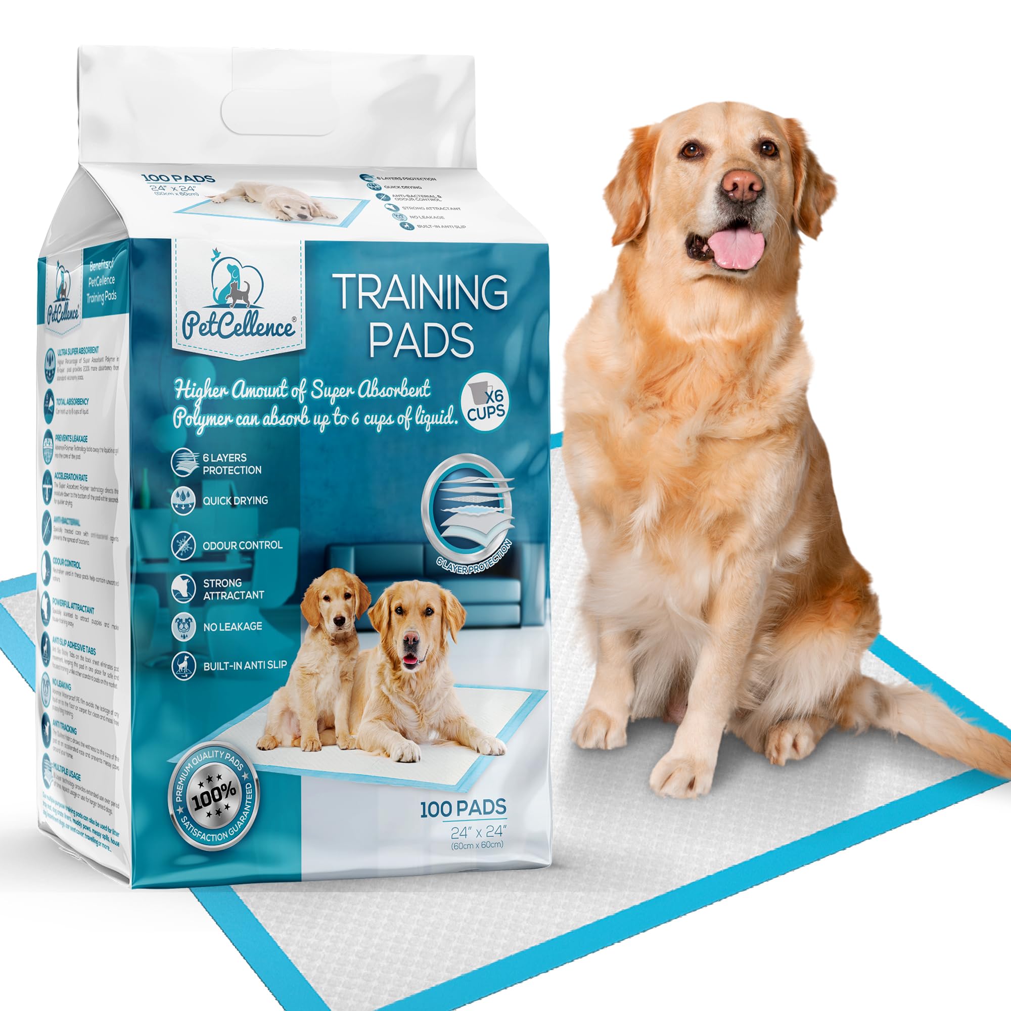 Large Puppy Pads 100 Count - 24x24 Inch Super Absorbent Dog Pee Pads with Adhesive Tapes | Leak-Proof Training Pads for Incontinent Dogs & Potty Training | Ideal for Crate, Kennel & Home Use