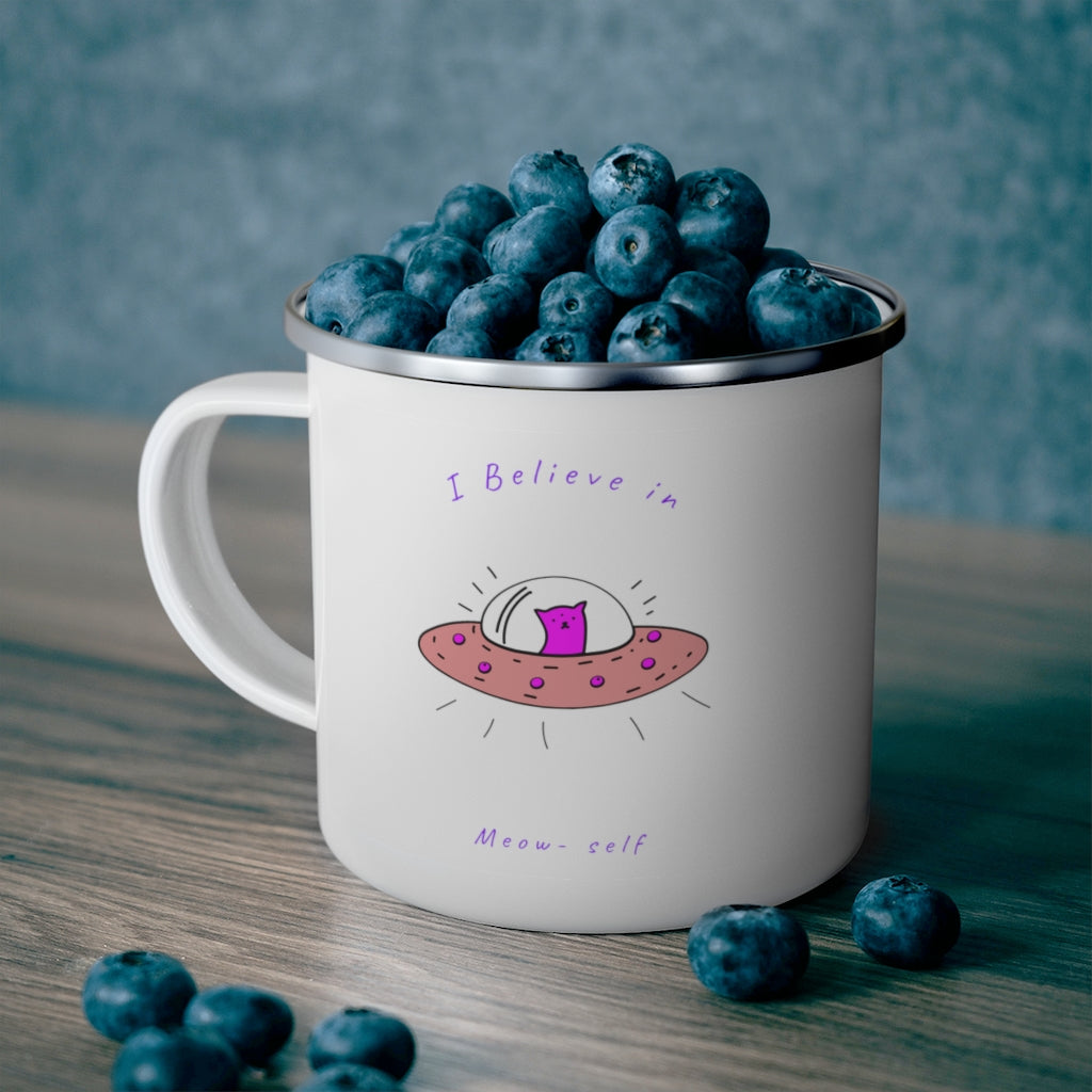 Funny 'I Believe in Meow' Enamel Camping Mug - Space-Themed Travel Coffee & Tea Cup for Outdoor Adventures, Gifts for Cat Lovers