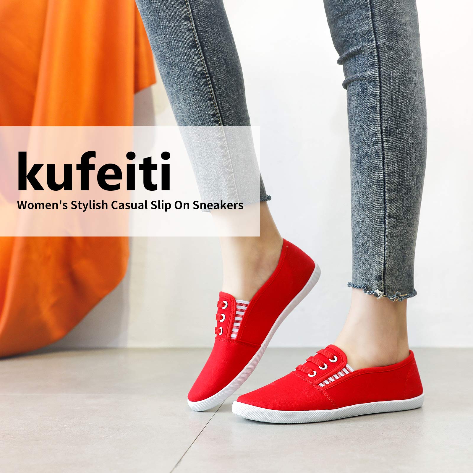 Kufeiti Women's Canvas Slip-On Sneakers - Comfortable Elastic Casual Shoes in White & Black | Perfect for Walking, Travel & Everyday Wear