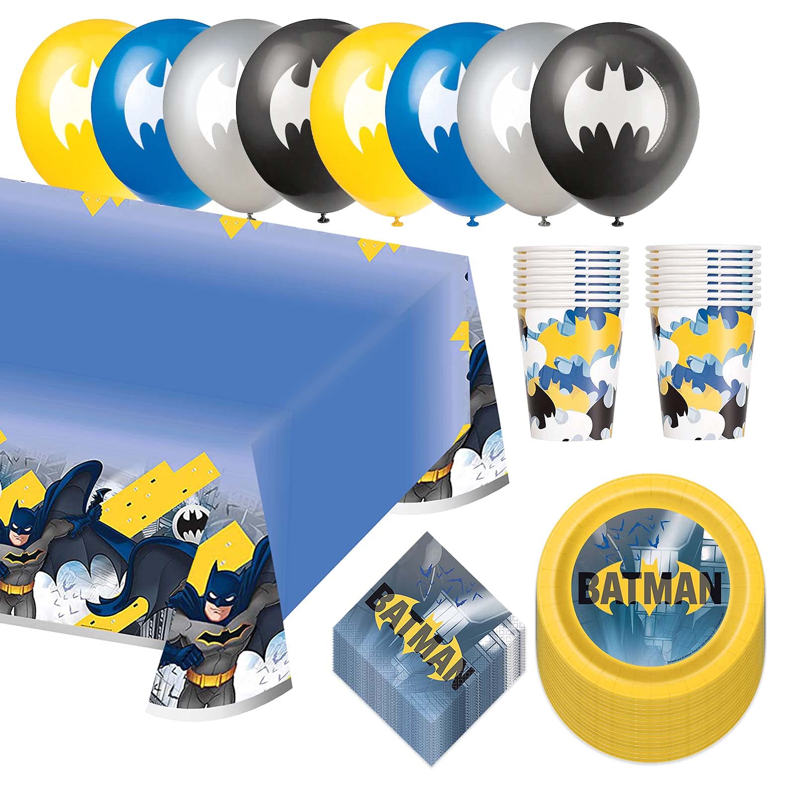 Batman Party Supplies Set - 16-Piece Superhero Themed Paper Plates, Napkins, Cups, Tablecloth & Balloons for Birthday Decorations | Perfect for Kids' Superhero Parties & Batman-Themed Events