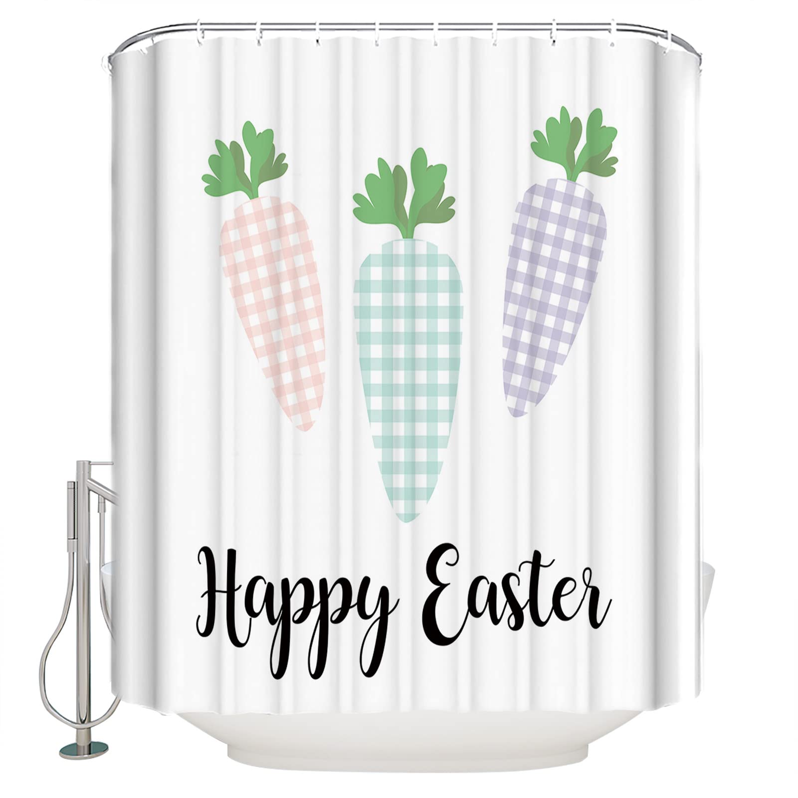 LEOKOTI Waterproof Easter Shower Curtain - Colorful Plaid Carrot White Design with 12 Plastic Hooks, 36