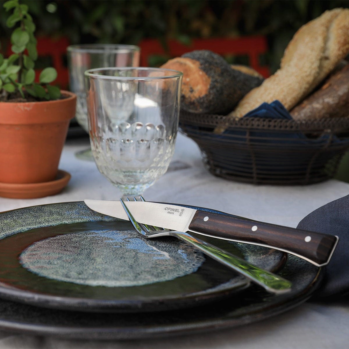 Opinel Facette Steak Knives Set of 4 - Premium Dark Ash Wood Handles - Perfect for Steakhouse Dining & Outdoor BBQs